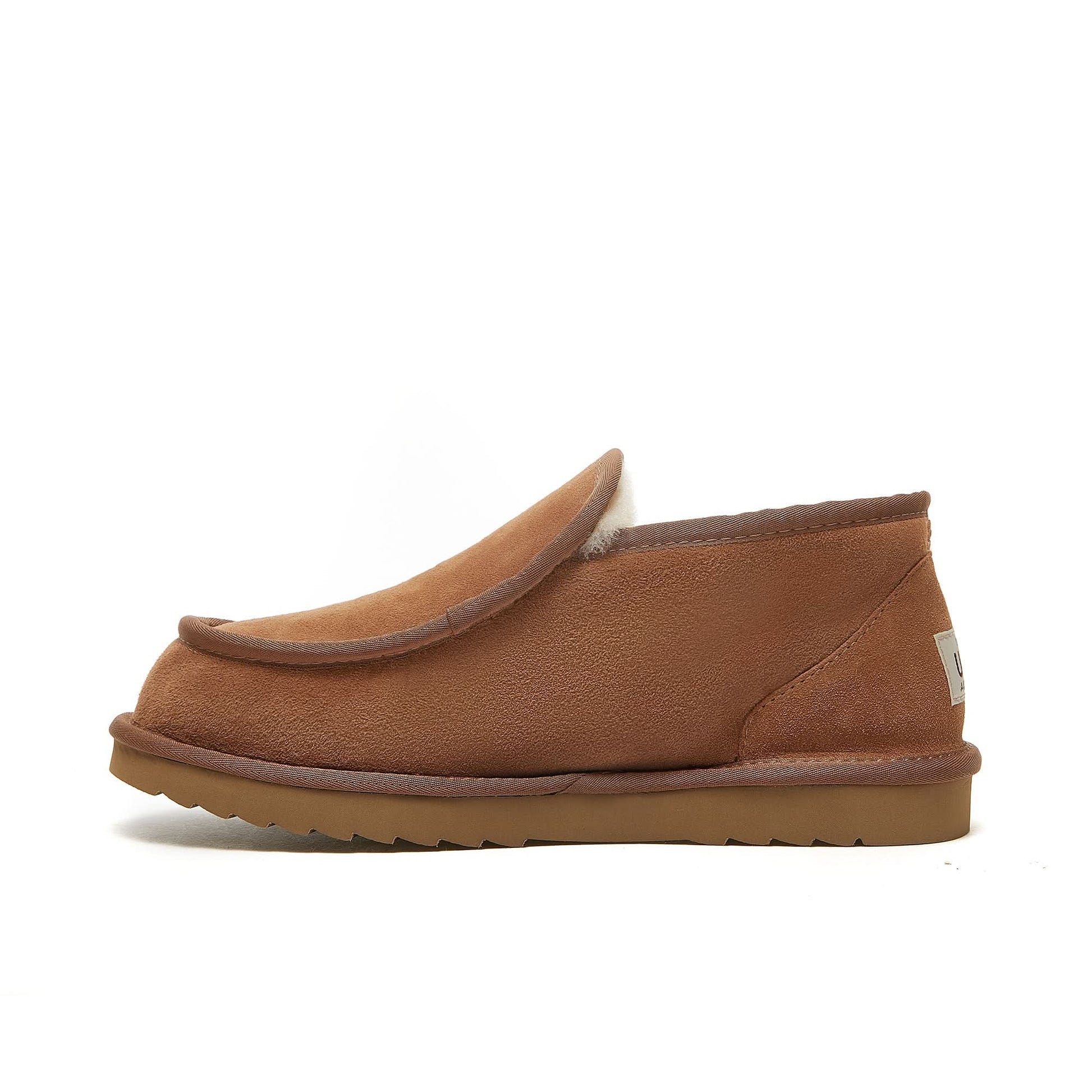 Chestnut suede sheepskin slip-on boot with wool lining, side view. - Yellow Earth Australia