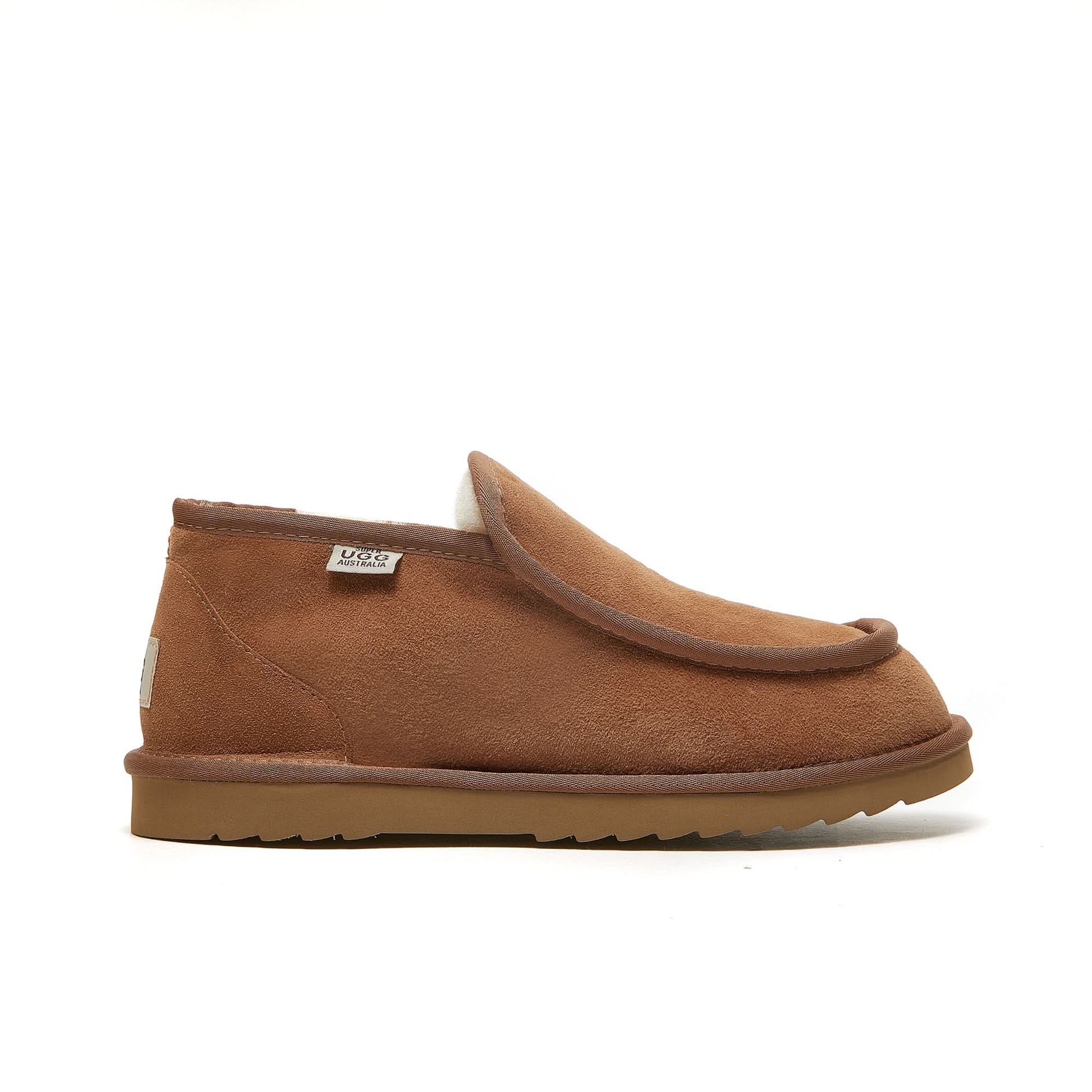 Chestnut suede sheepskin slip-on boot with wool lining, side view. - Yellow Earth Australia