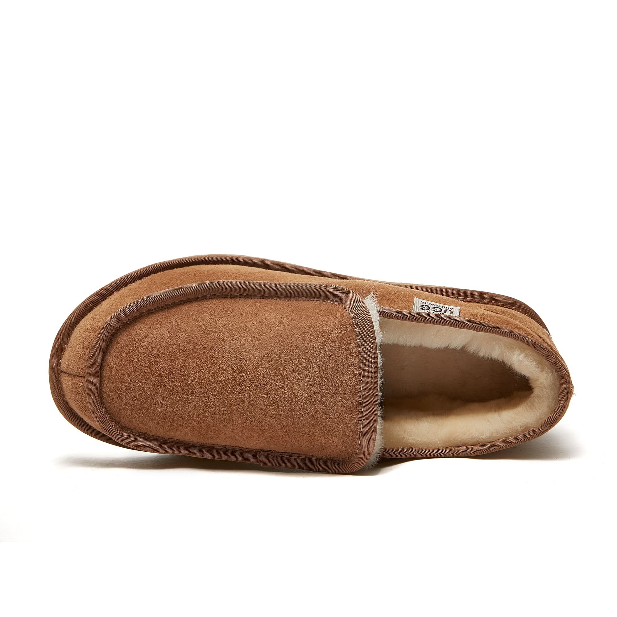 Chestnut suede moccasin slipper with sheepskin lining, top-down view. - Yellow Earth Australia