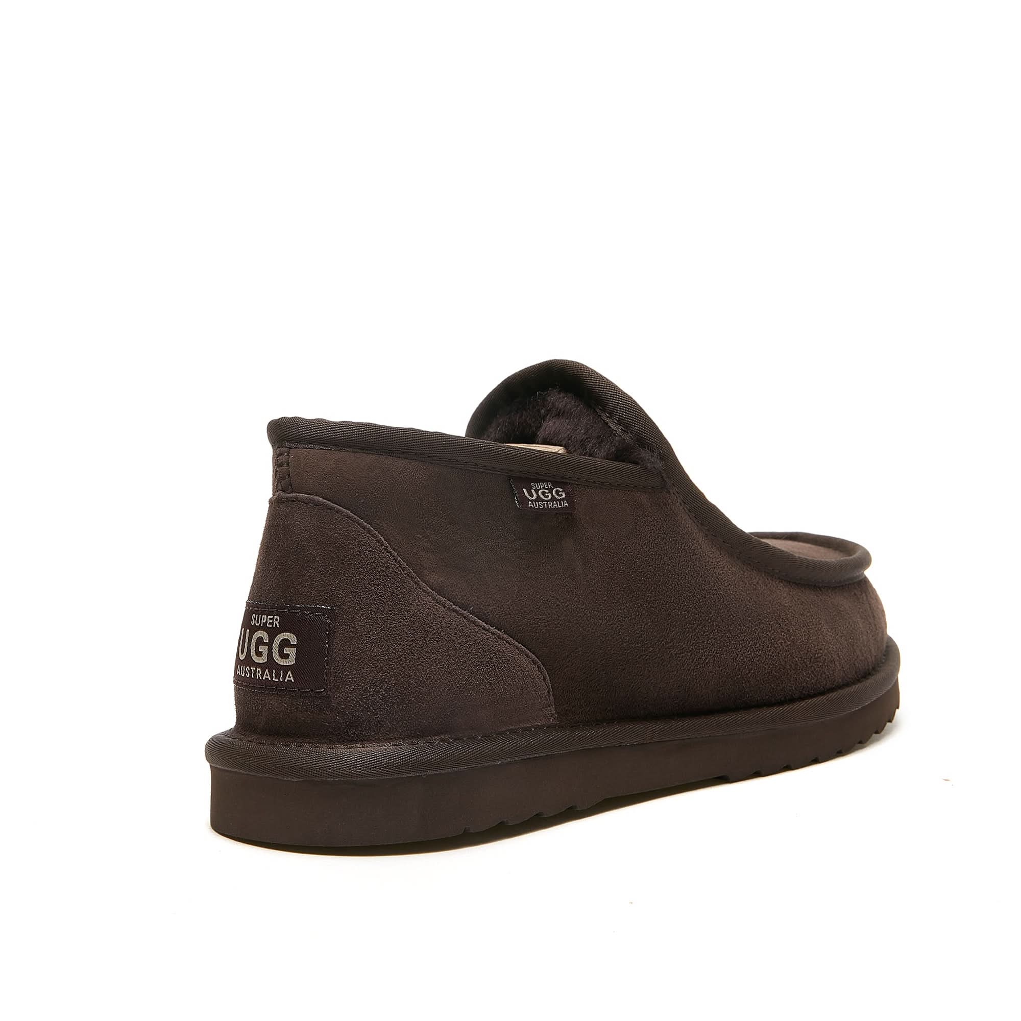 Chocolate suede sheepskin slip-on boot with fleece lining, rear three-quarter view. - Yellow Earth Australia