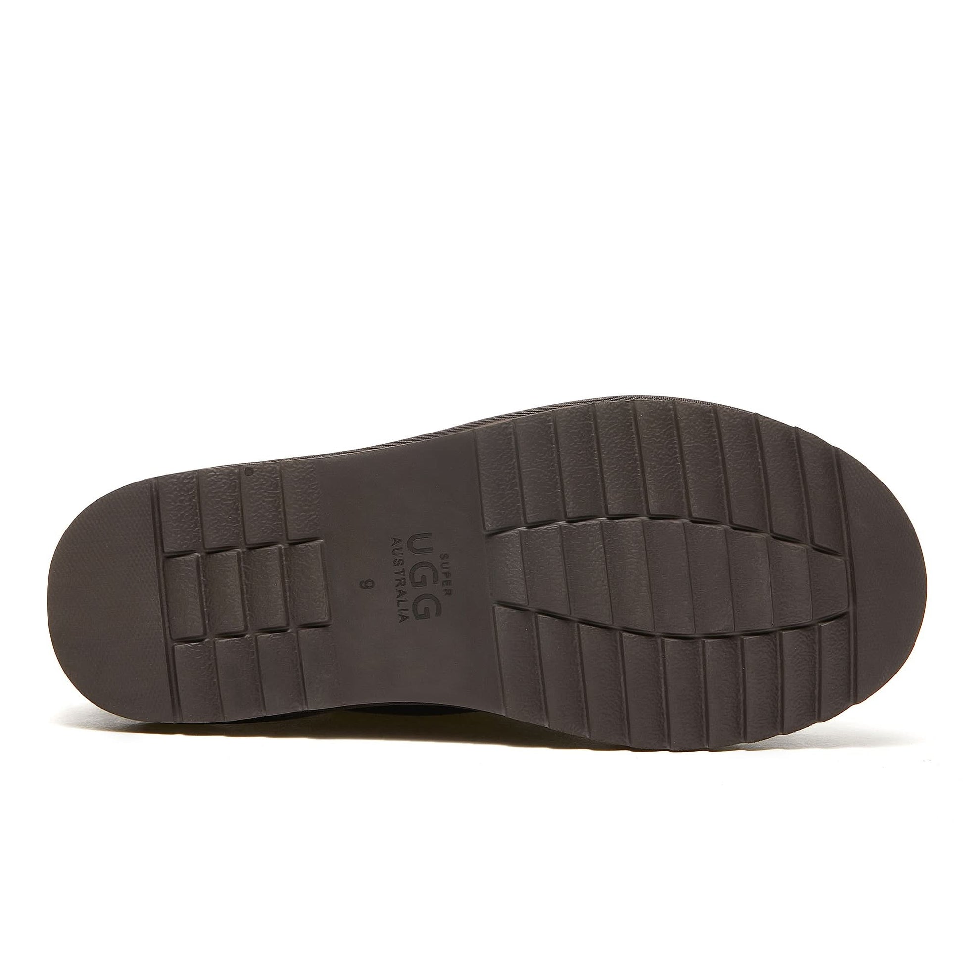 Brown leather boot sole with treaded grip pattern, bottom view. - Yellow Earth Australia