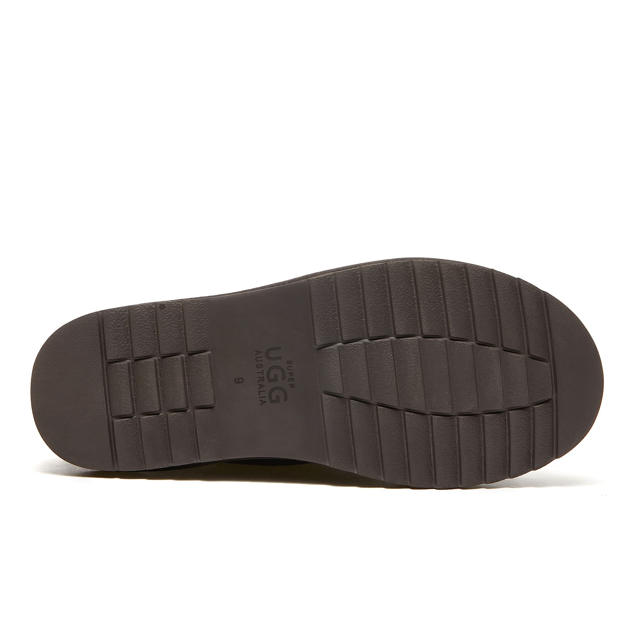 Brown leather boot sole with treaded grip pattern, bottom view. - Yellow Earth Australia
