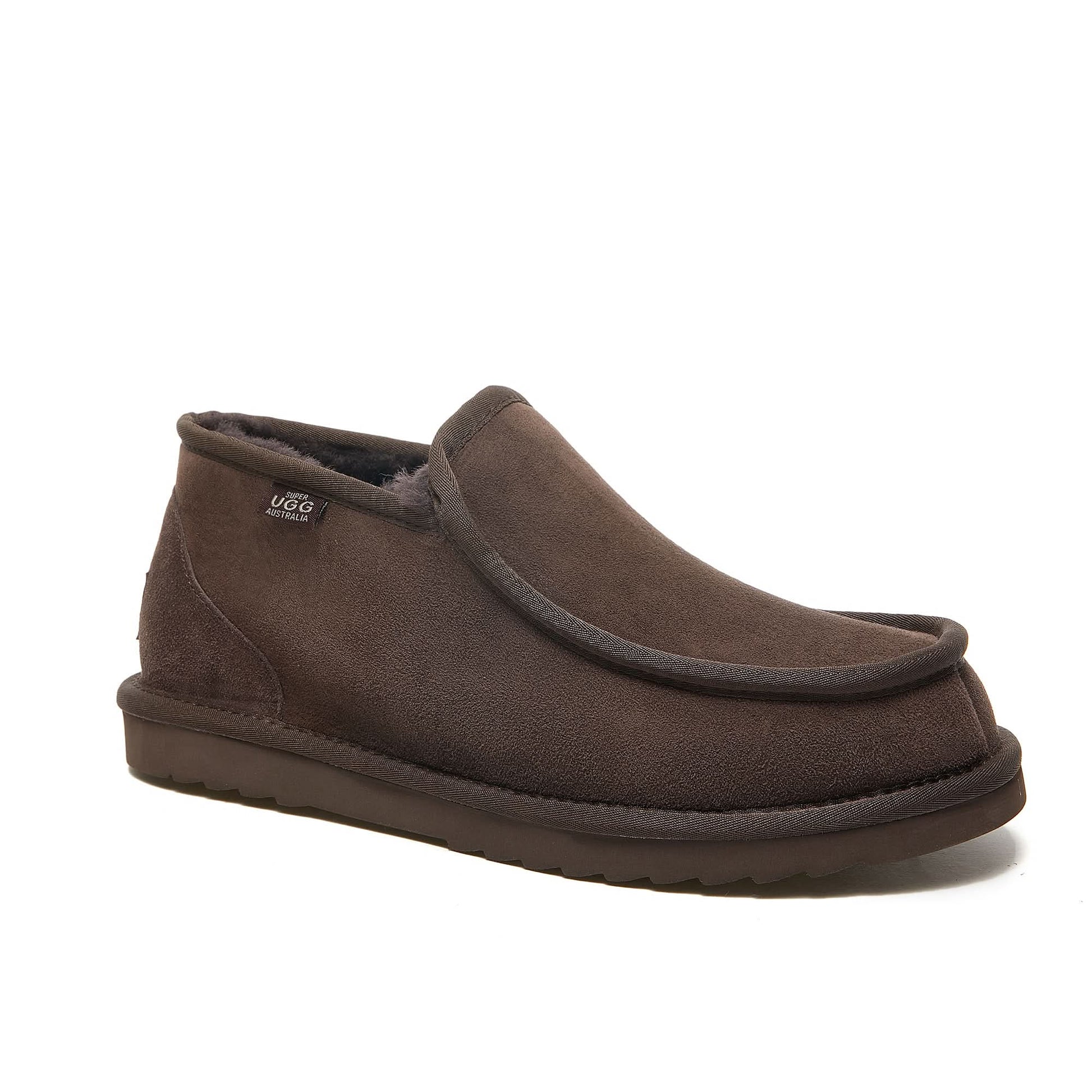 Brown suede sheepskin slip-on bootie with woolly lining, side view. - Yellow Earth Australia