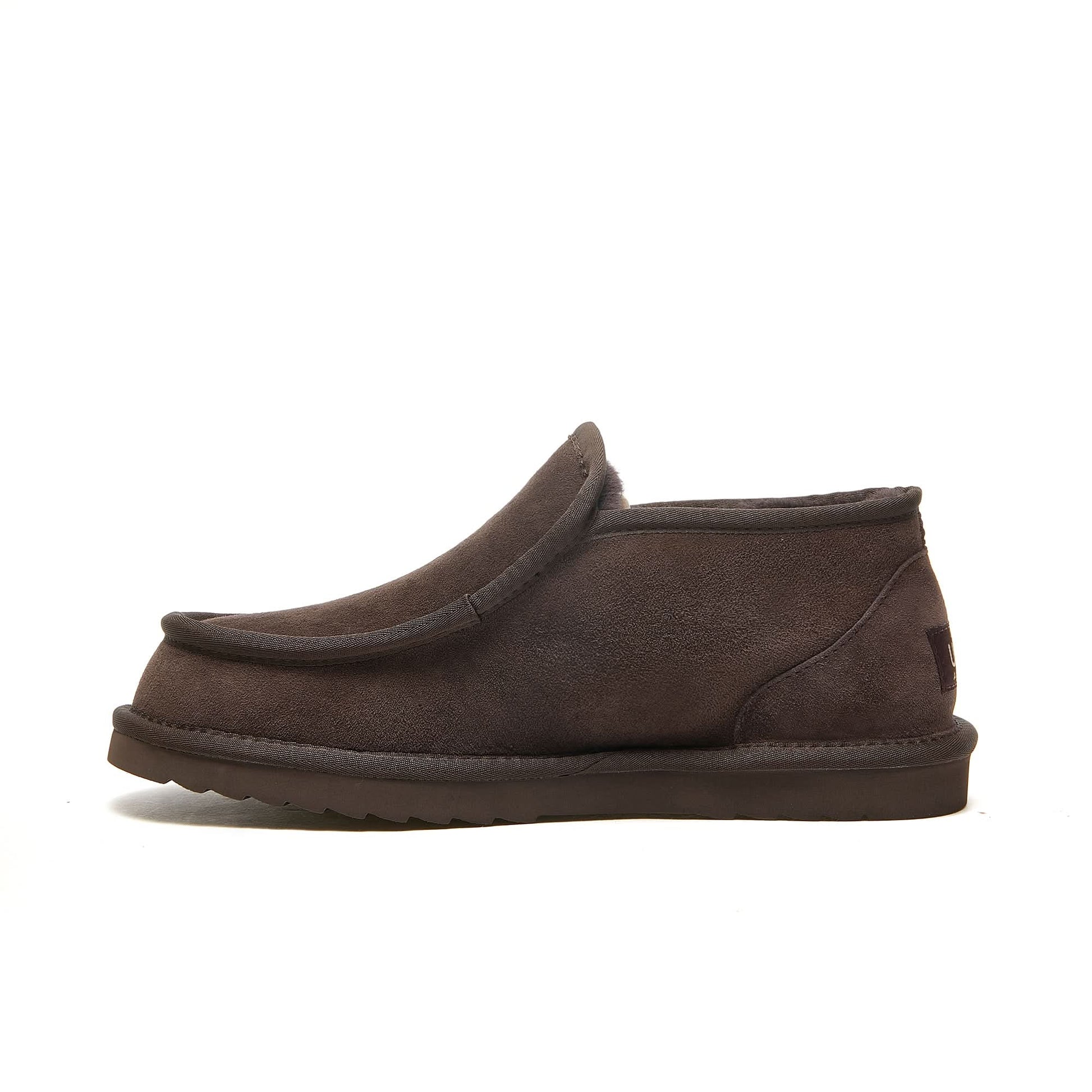 Brown suede sheepskin loafer boot shown in side profile view. - Yellow Earth Australia