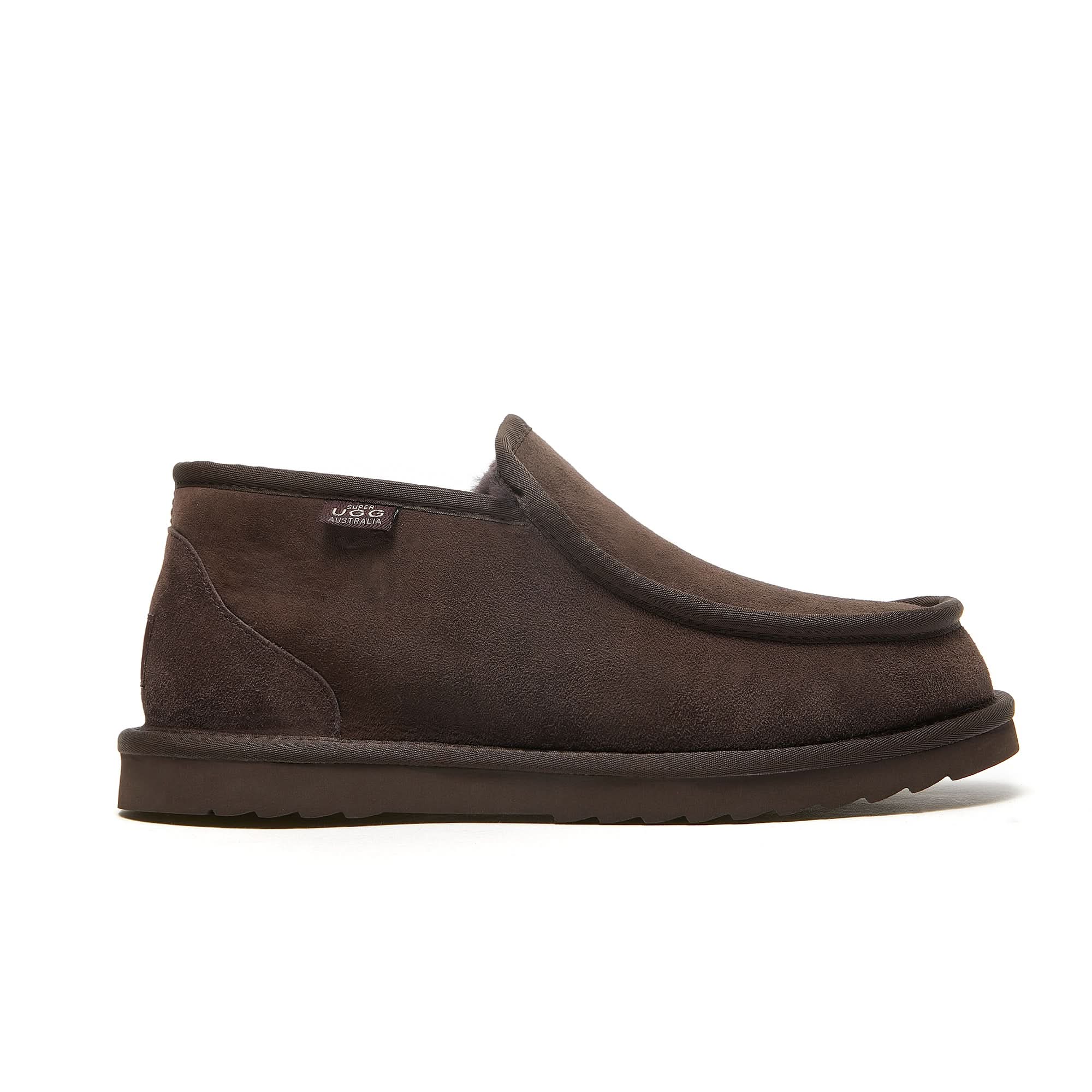 Brown suede sheepskin slip-on boot with fleece lining, side view. - Yellow Earth Australia