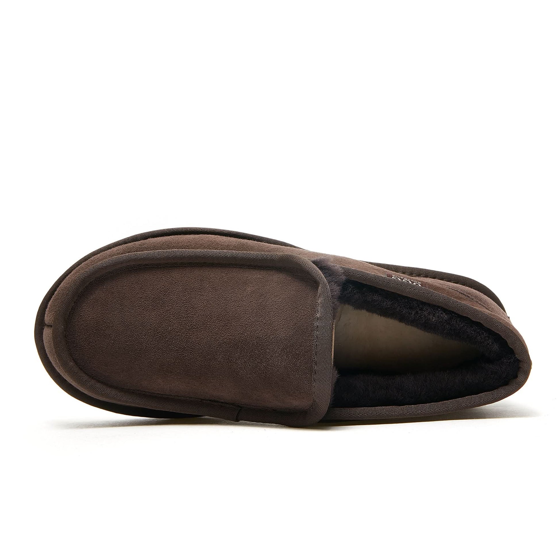 Brown suede moccasin slipper with black sheepskin lining, top view. - Yellow Earth Australia