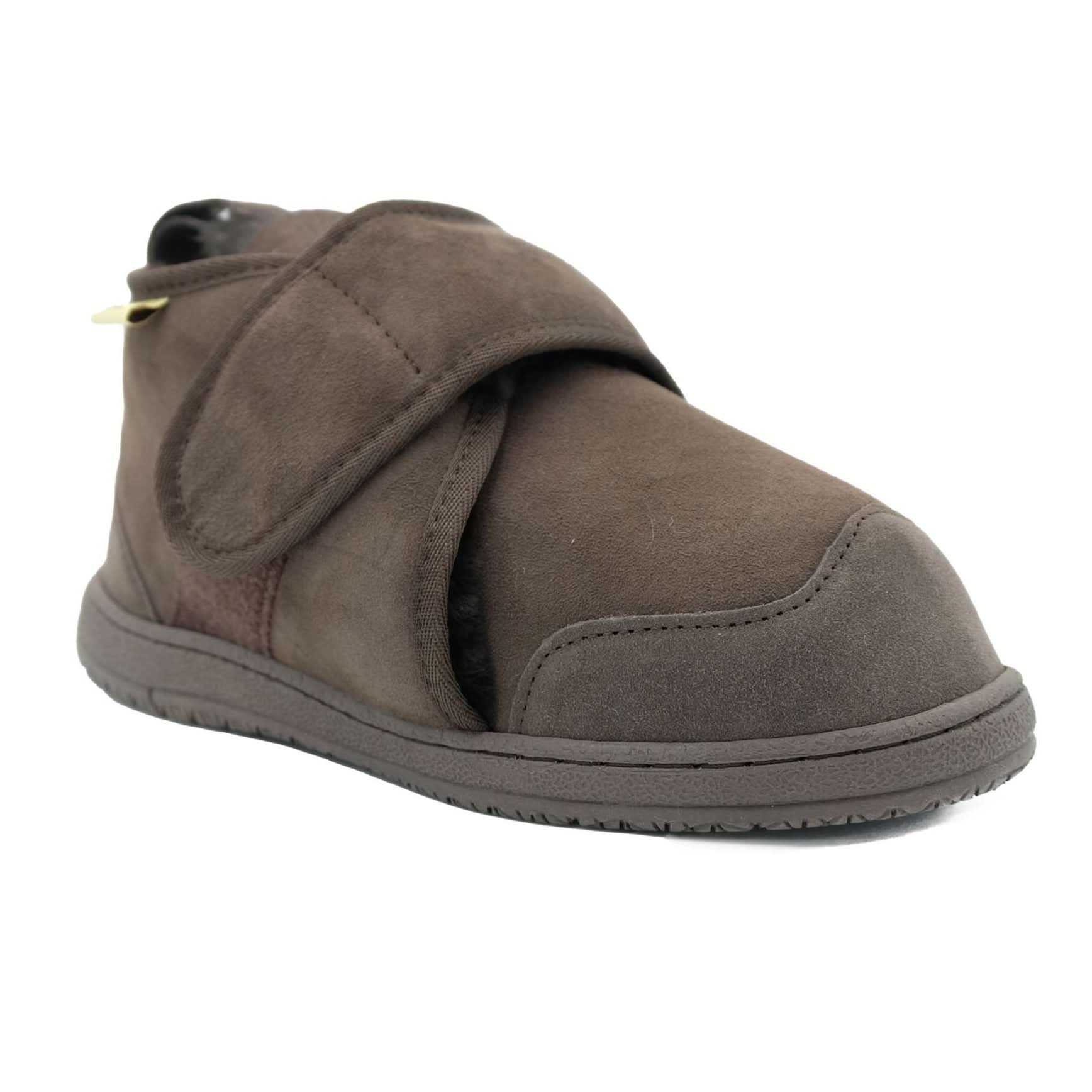 Grey suede adjustable boot slipper with sheepskin lining, side view. - Yellow Earth Australia
