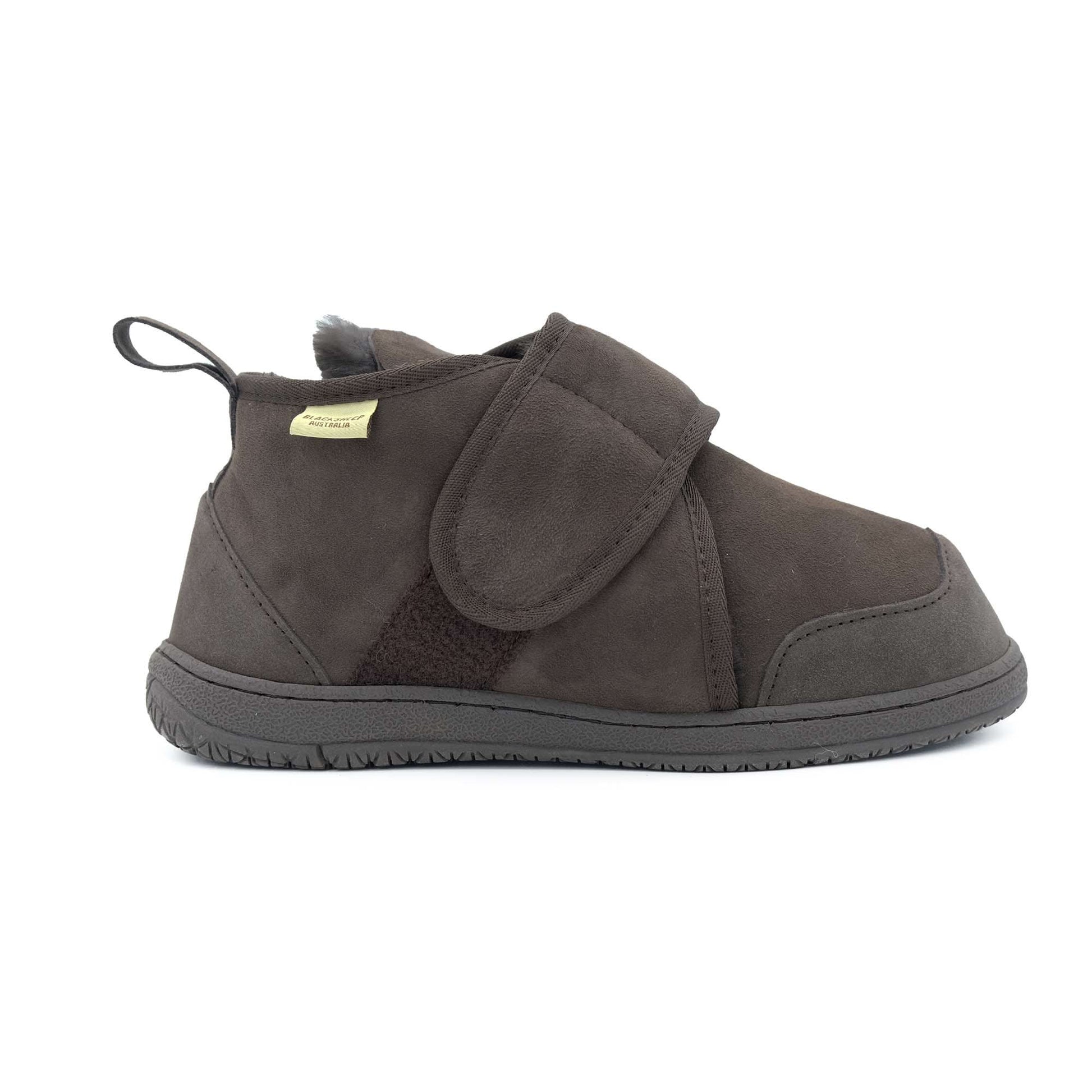 Charcoal grey sheepskin slipper boot with wool lining, side view. - Yellow Earth Australia