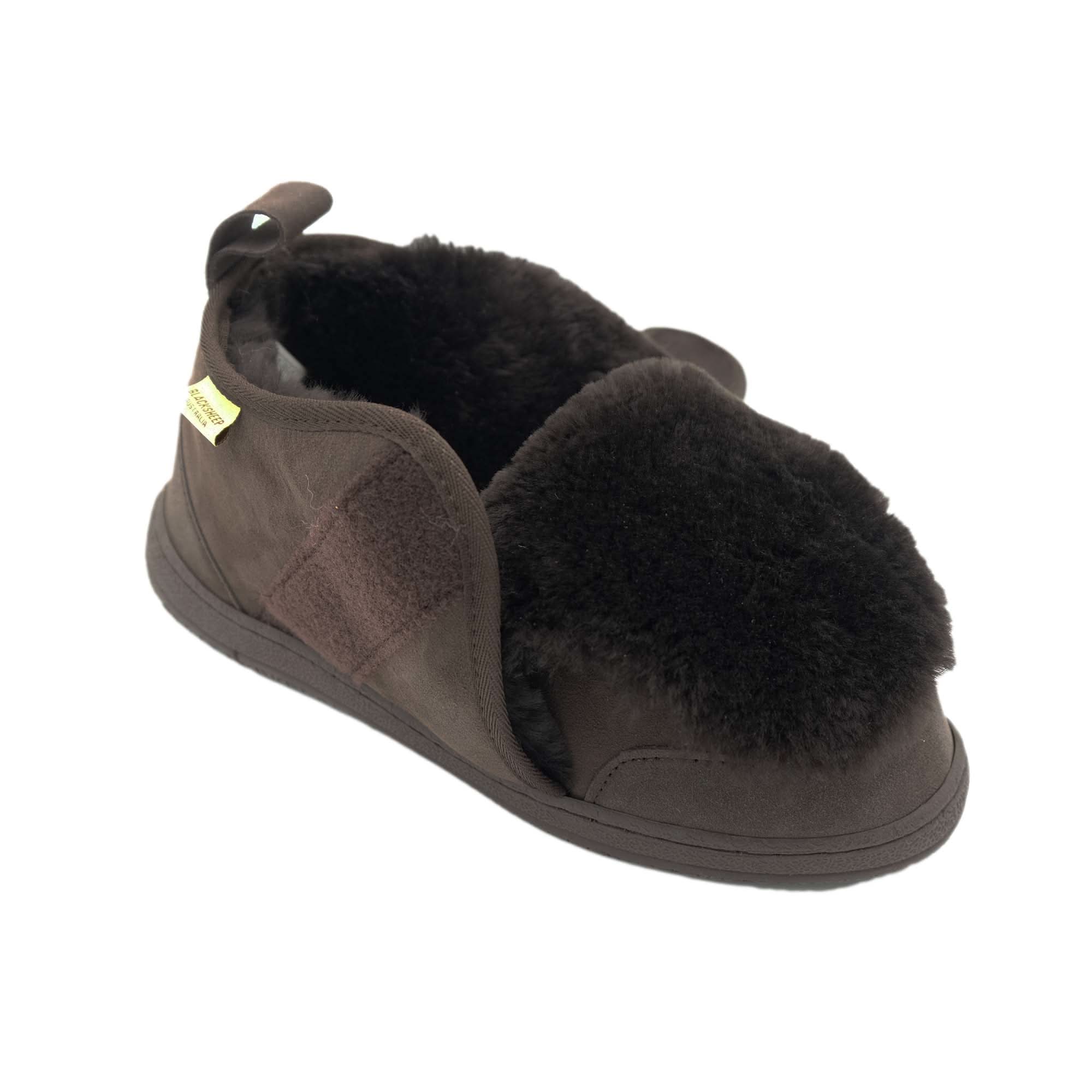 Brown sheepskin slipper boot with black wool lining, angled side view. - Yellow Earth Australia