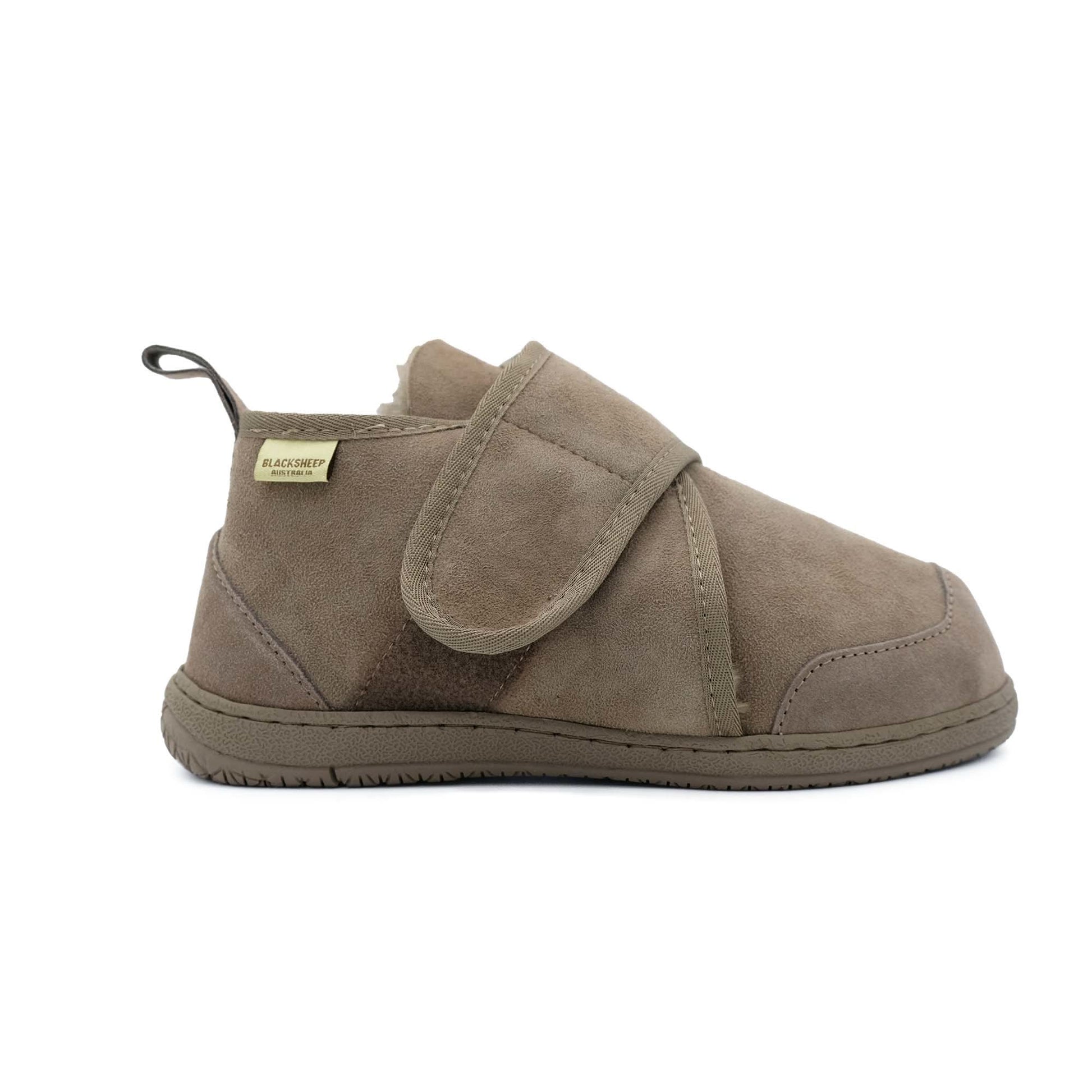 Taupe suede bootie slipper with adjustable strap, side view. - Yellow Earth Australia