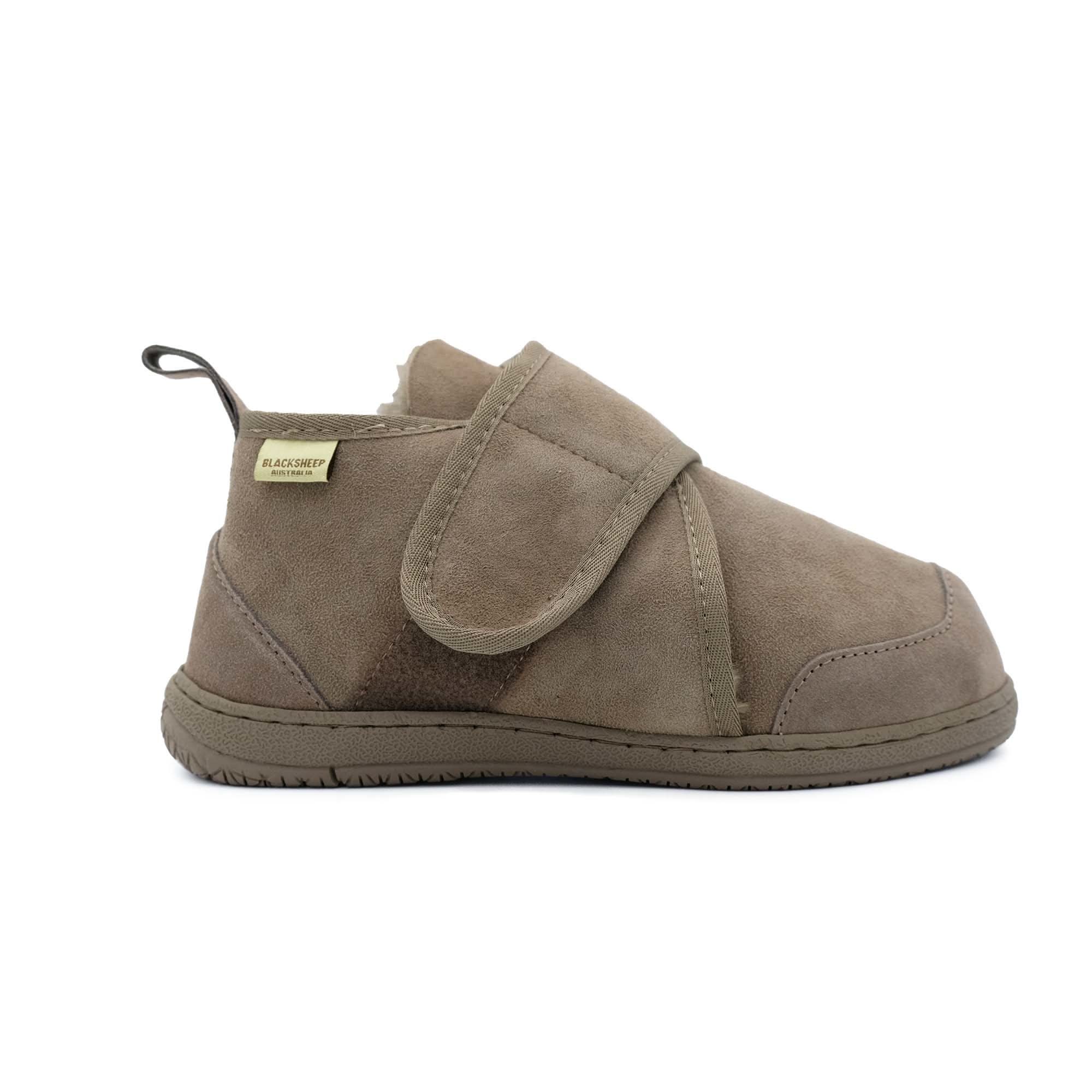 Taupe suede bootie slipper with adjustable strap, side view. - Yellow Earth Australia