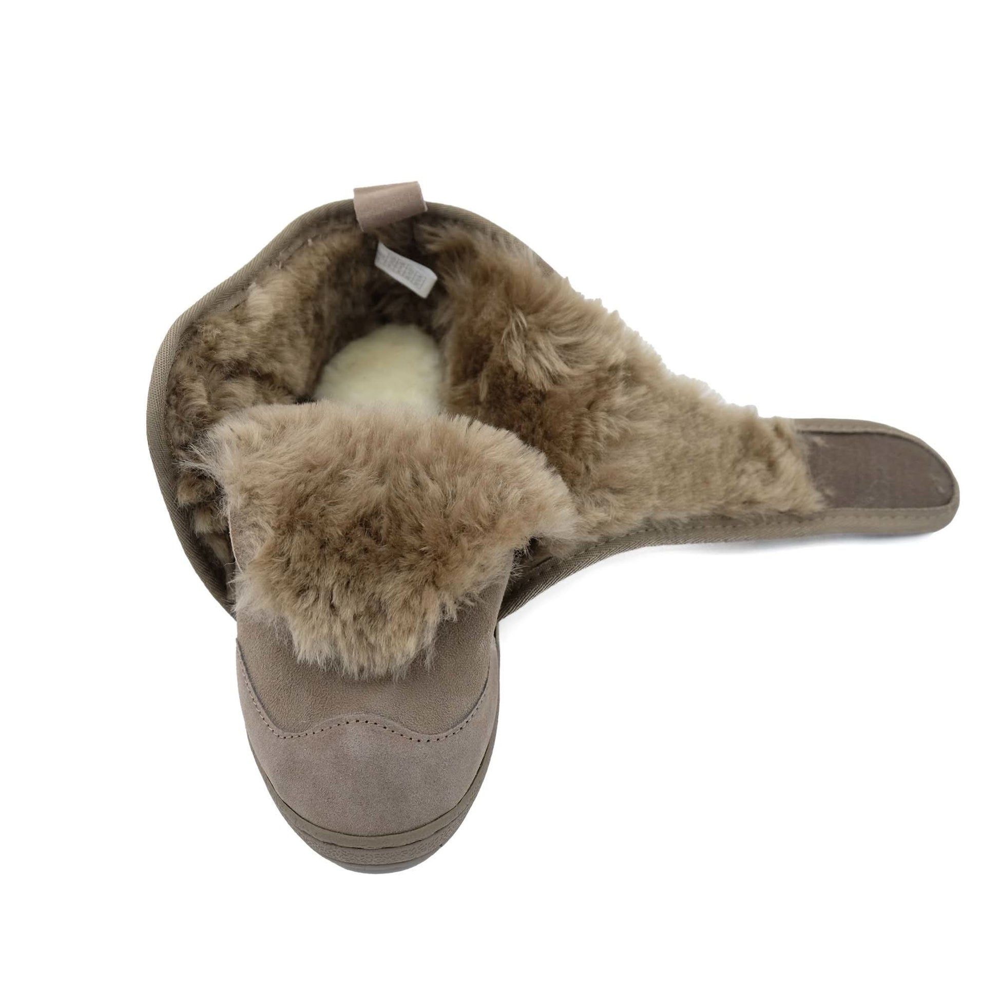 Beige suede sheepskin lined bootie shown from above, displaying fluffy wool interior. - Yellow Earth Australia