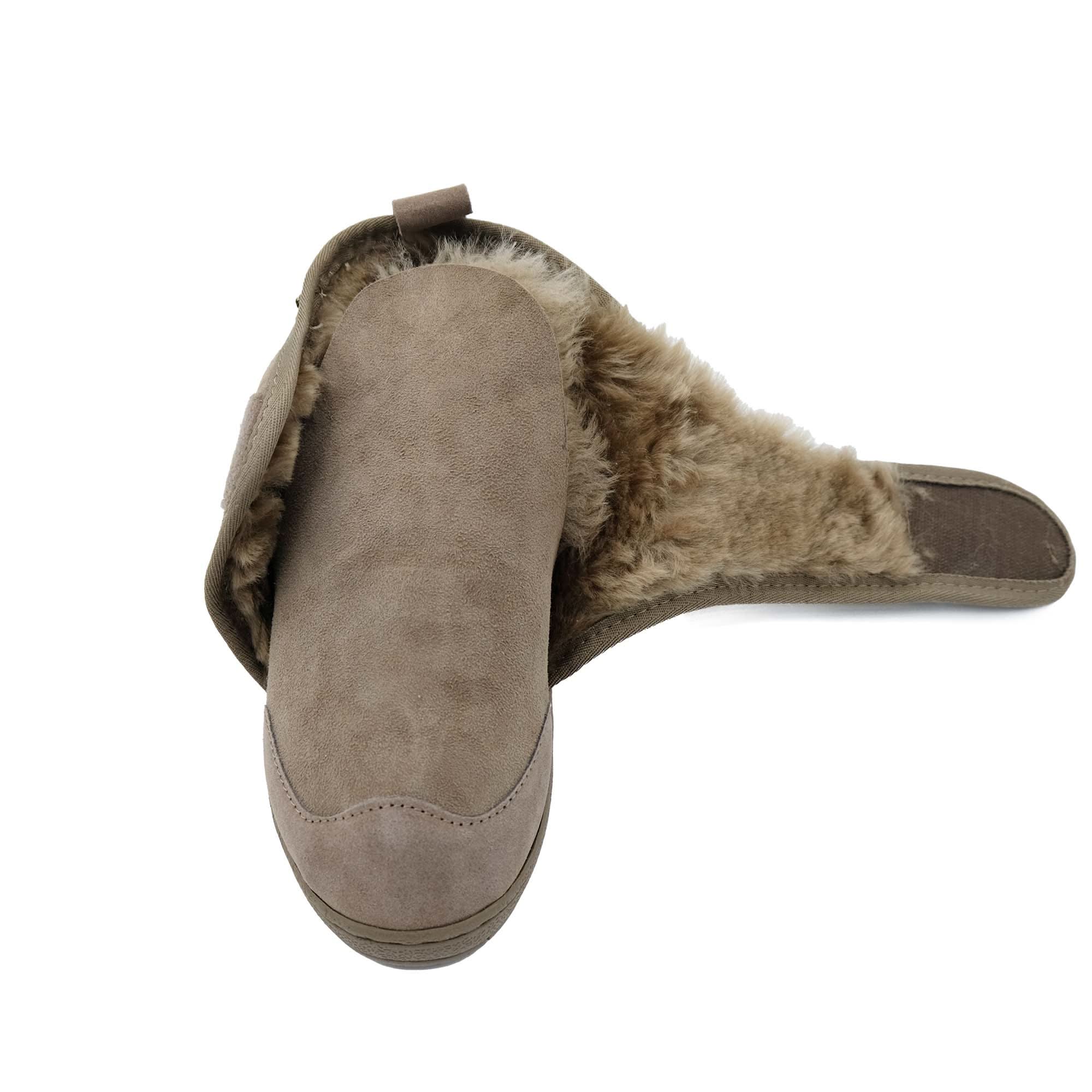 Beige sheepskin slipper with wool lining, top view showing suede sole and pull tab. - Yellow Earth Australia
