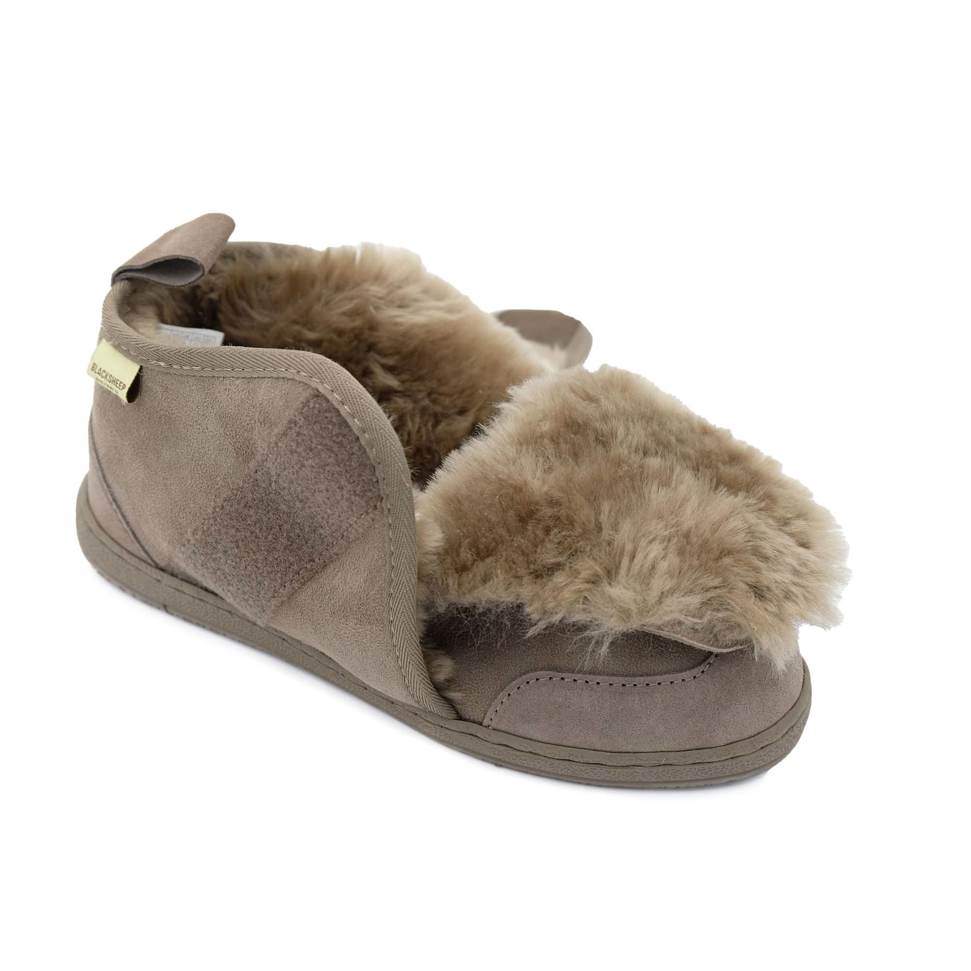 Beige sheepskin bootie slipper with fluffy wool lining, side view. - Yellow Earth Australia