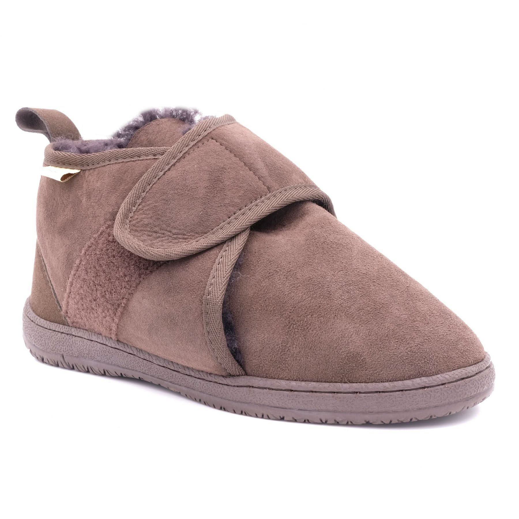 Taupe sheepskin bootie with adjustable strap and wool lining, side view. - Yellow Earth Australia