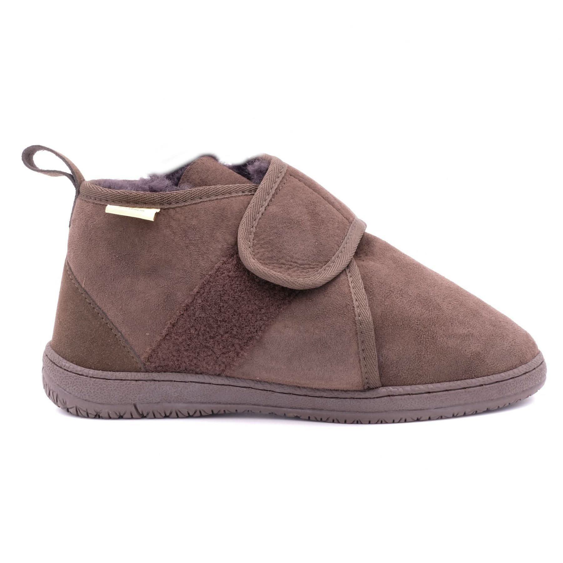 Chocolate suede bootie slipper with sheepskin lining, side view. - Yellow Earth Australia