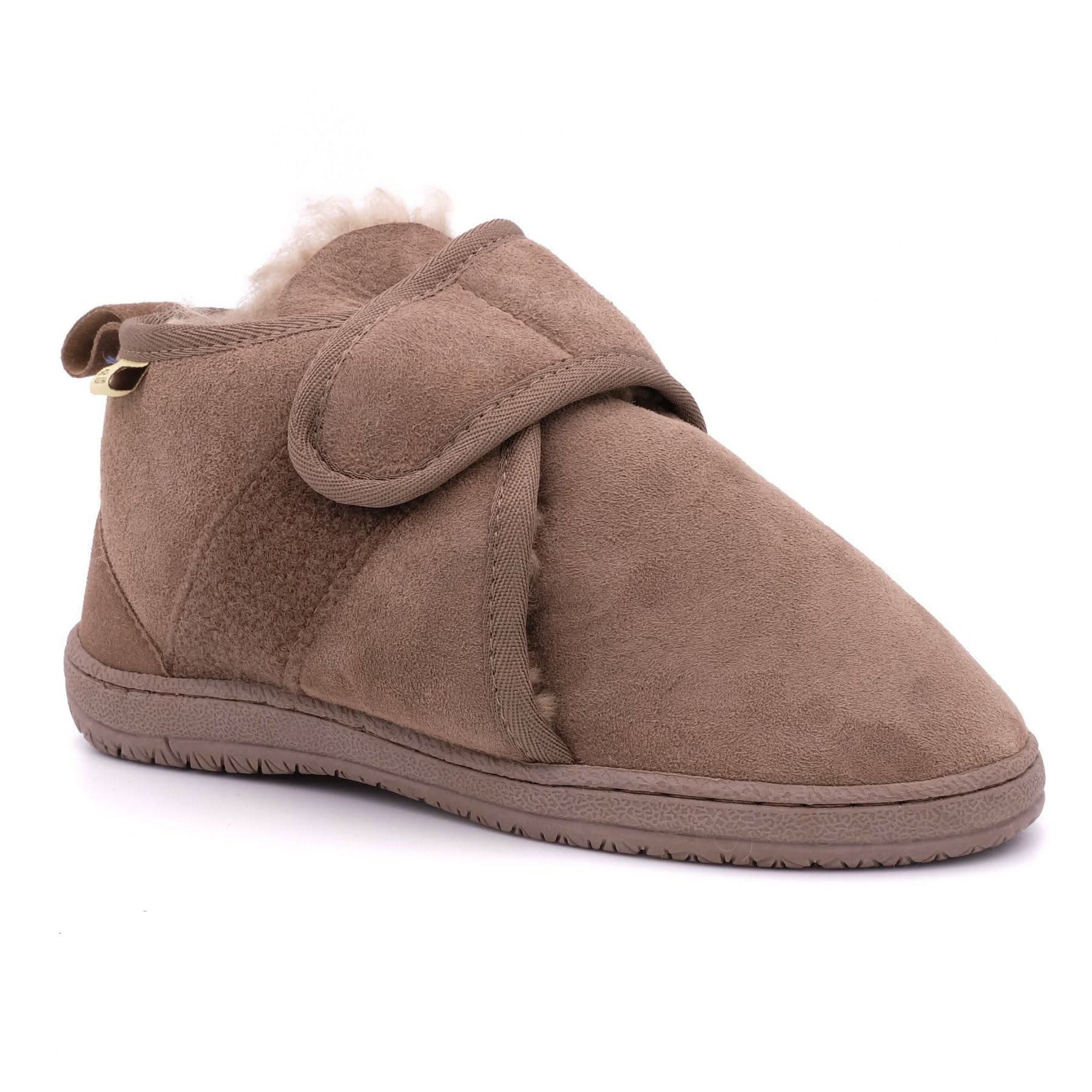 Taupe sheepskin boot with wool lining and adjustable ankle strap, side view. - Yellow Earth Australia