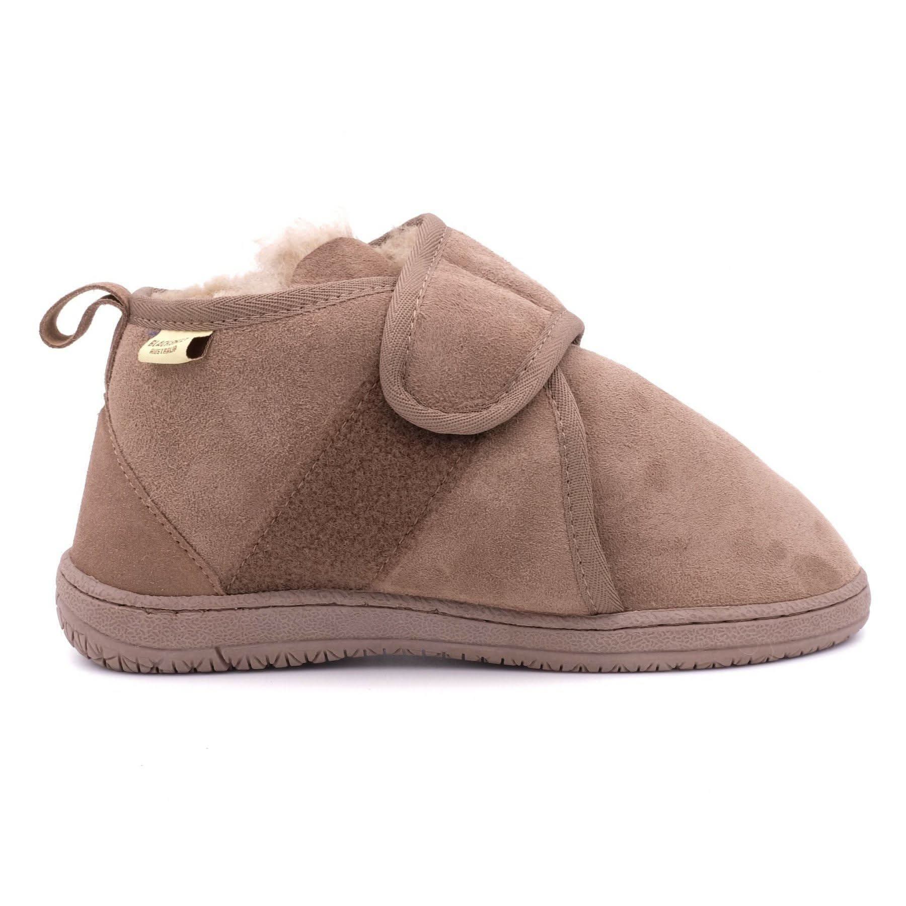 Taupe sheepskin bootie slipper with wool lining, side view. - Yellow Earth Australia