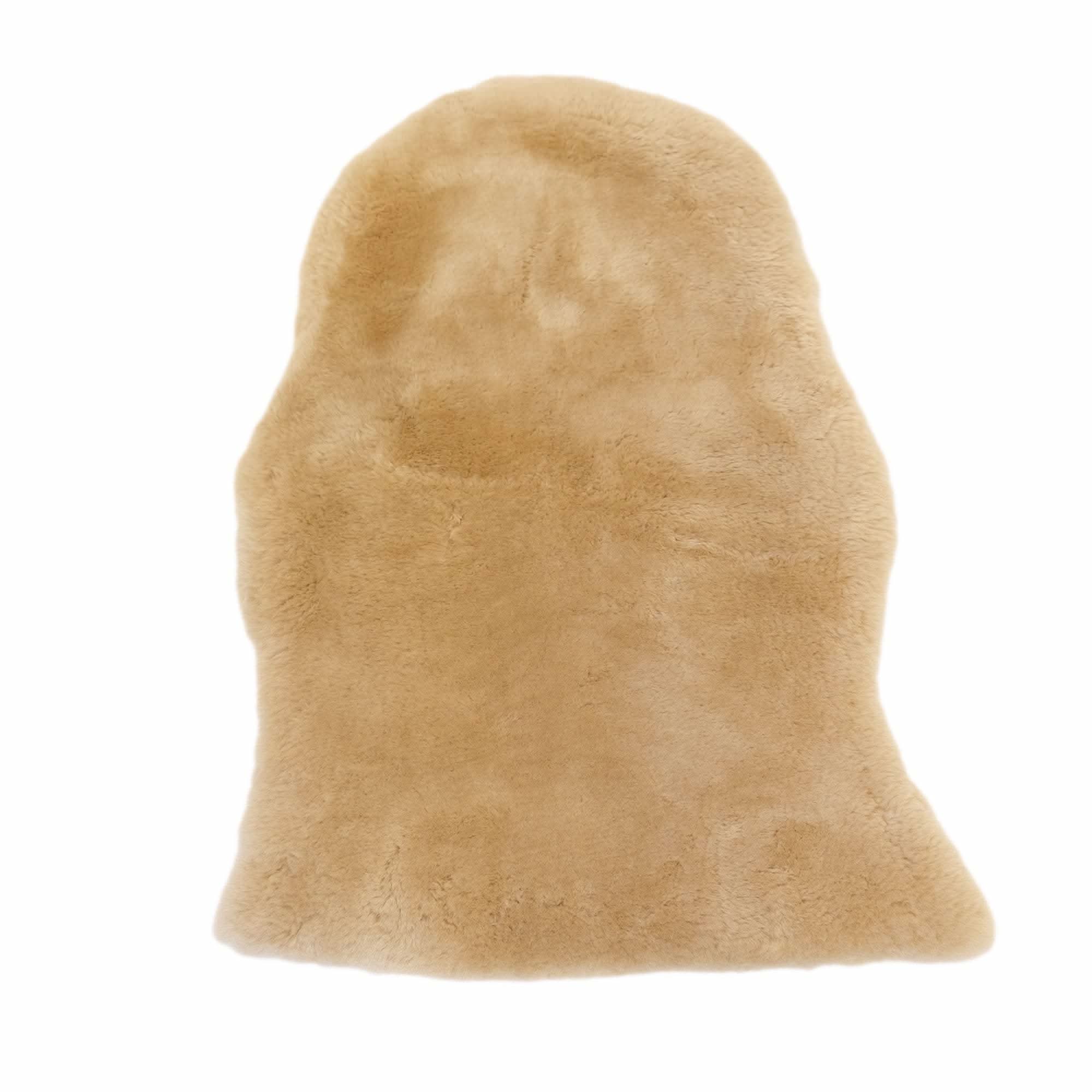 Cream sheepskin rug with natural wool texture, viewed from above on white background. - Yellow Earth Australia