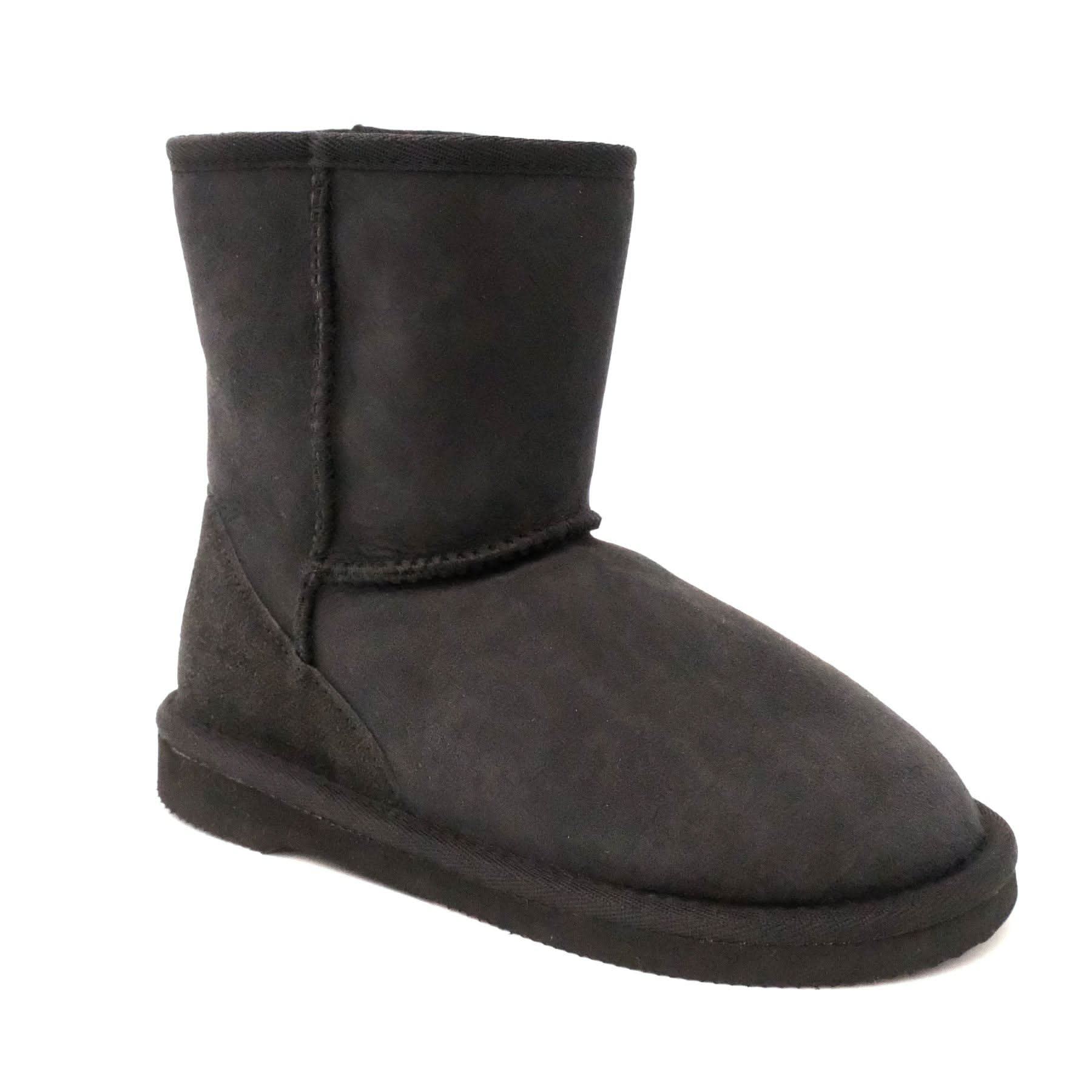 Black sheepskin mid-calf boot with suede exterior, shown from the side angle. - Yellow Earth Australia