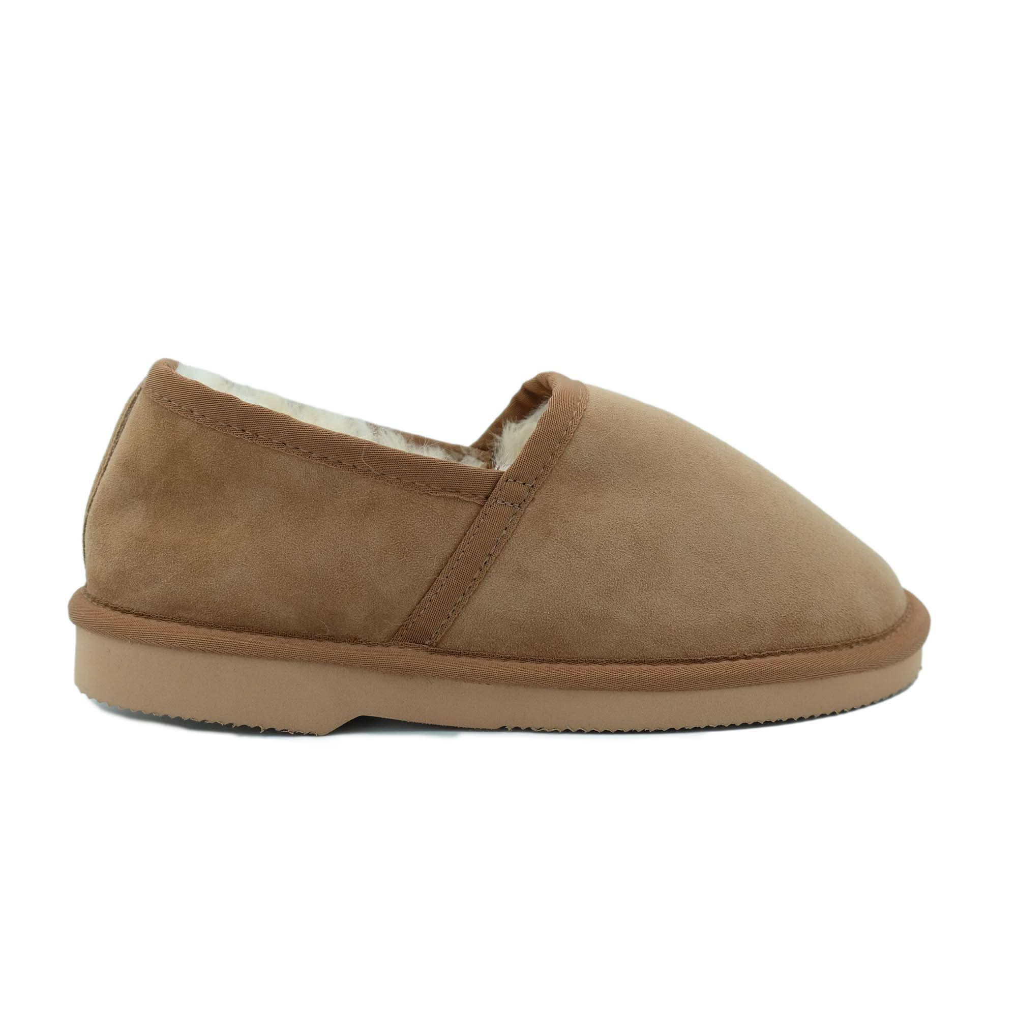 Camel suede sheepskin slipper with woolly lining, side view. - Yellow Earth Australia