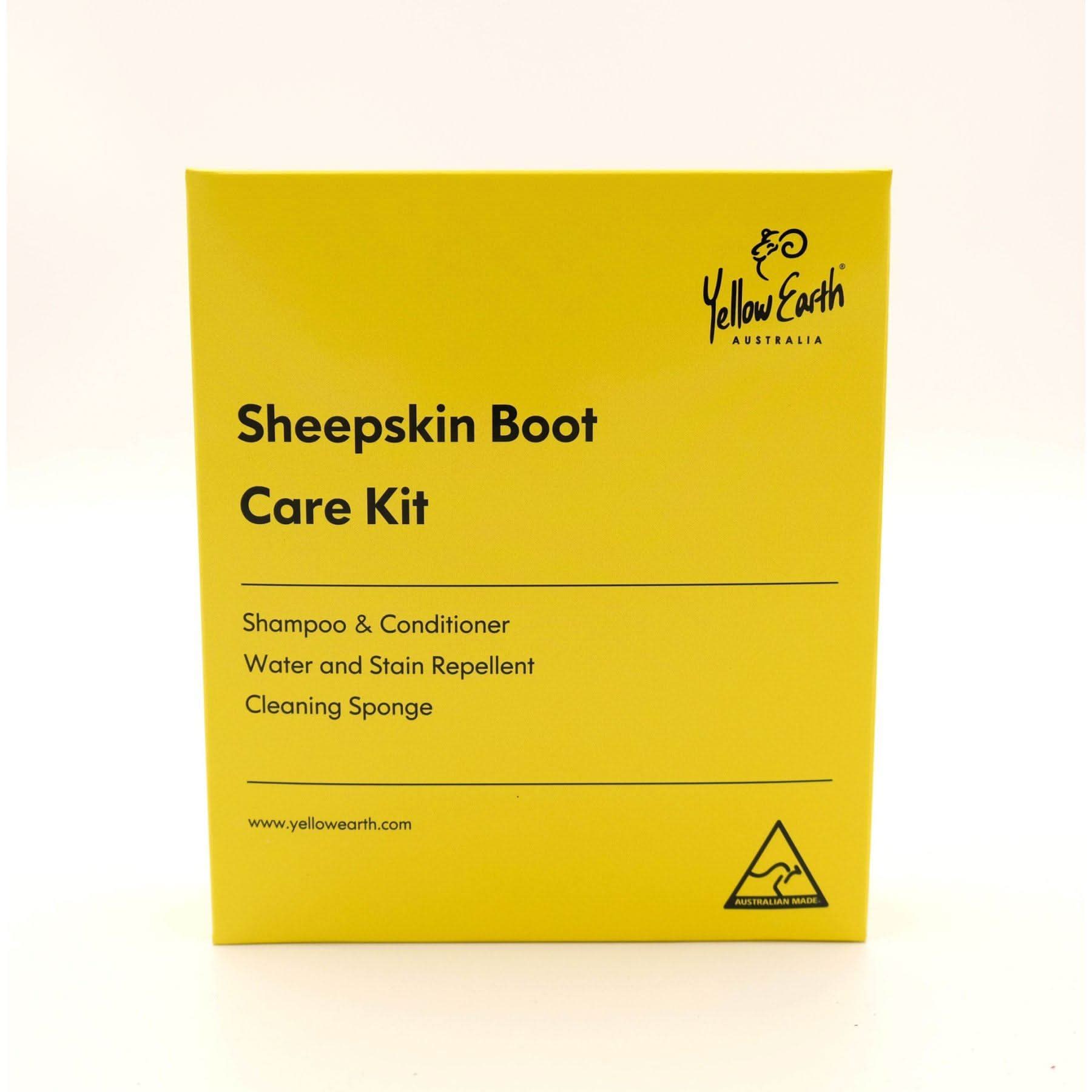 Yellow sheepskin boot care kit box with product contents listed, front view. - Yellow Earth Australia