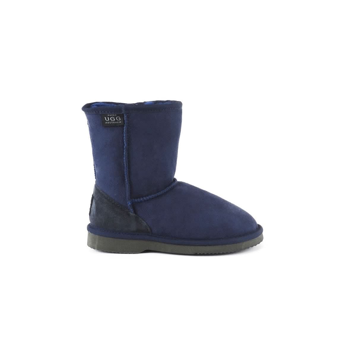 Navy sheepskin boot with grey suede heel patch and crepe sole, side view. - Yellow Earth Australia