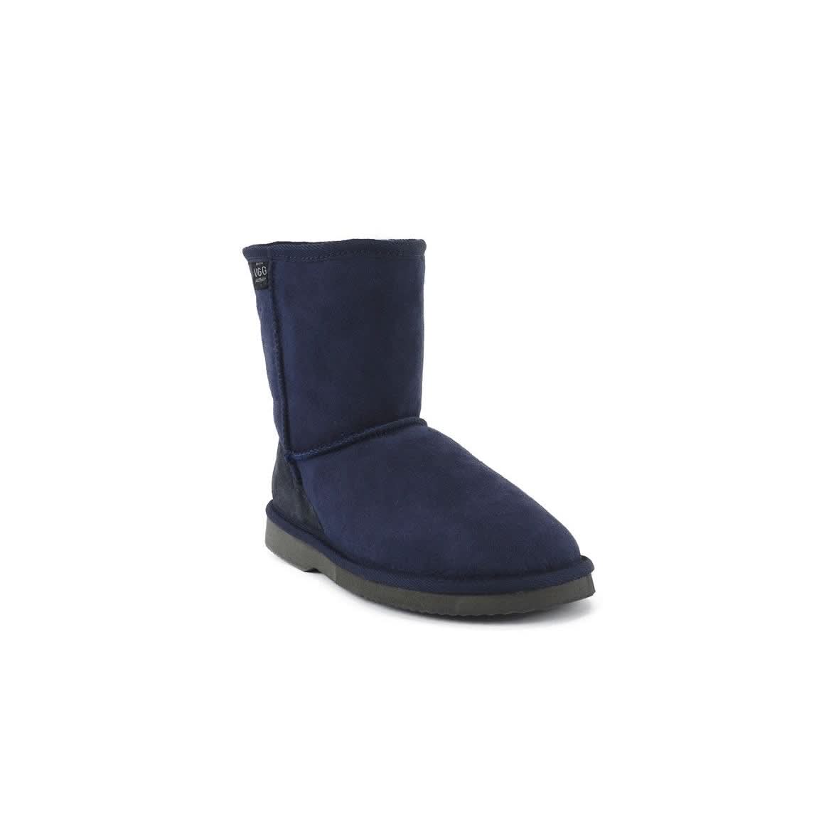 Navy blue sheepskin mid-calf boot with grey sole, displayed against white background. - Yellow Earth Australia