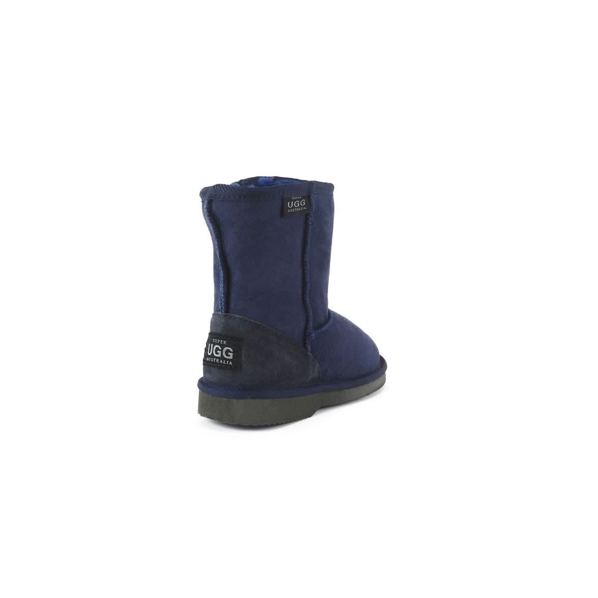 Navy sheepskin boot with charcoal suede heel patch, viewed from the rear angle. - Yellow Earth Australia