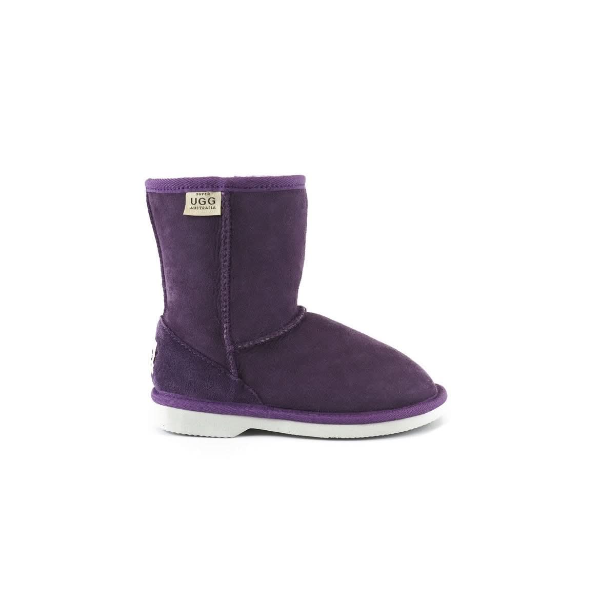 Purple sheepskin boot with white sole, shown from the side angle. - Yellow Earth Australia