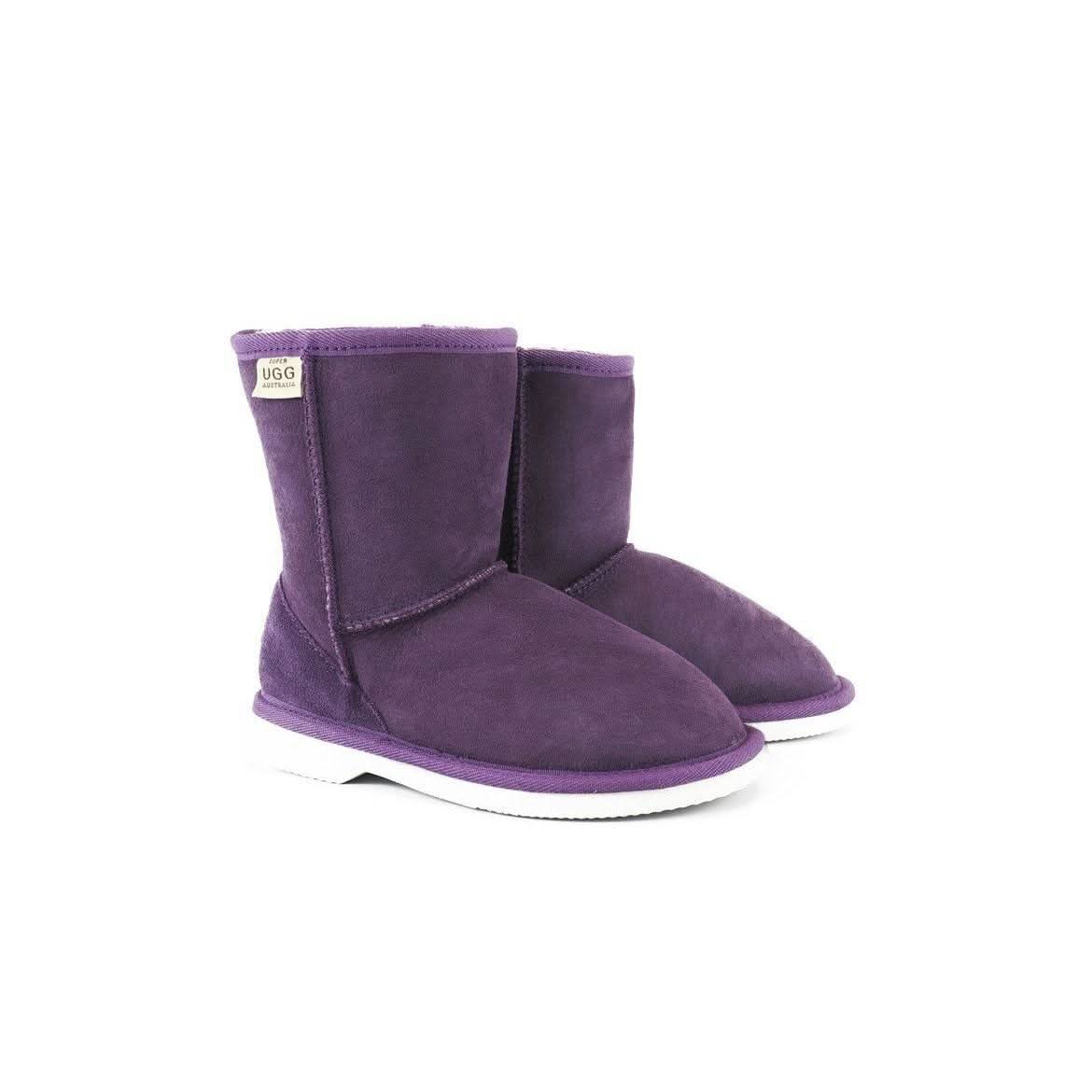 Purple sheepskin boots with white sole, shown from the side angle. - Yellow Earth Australia