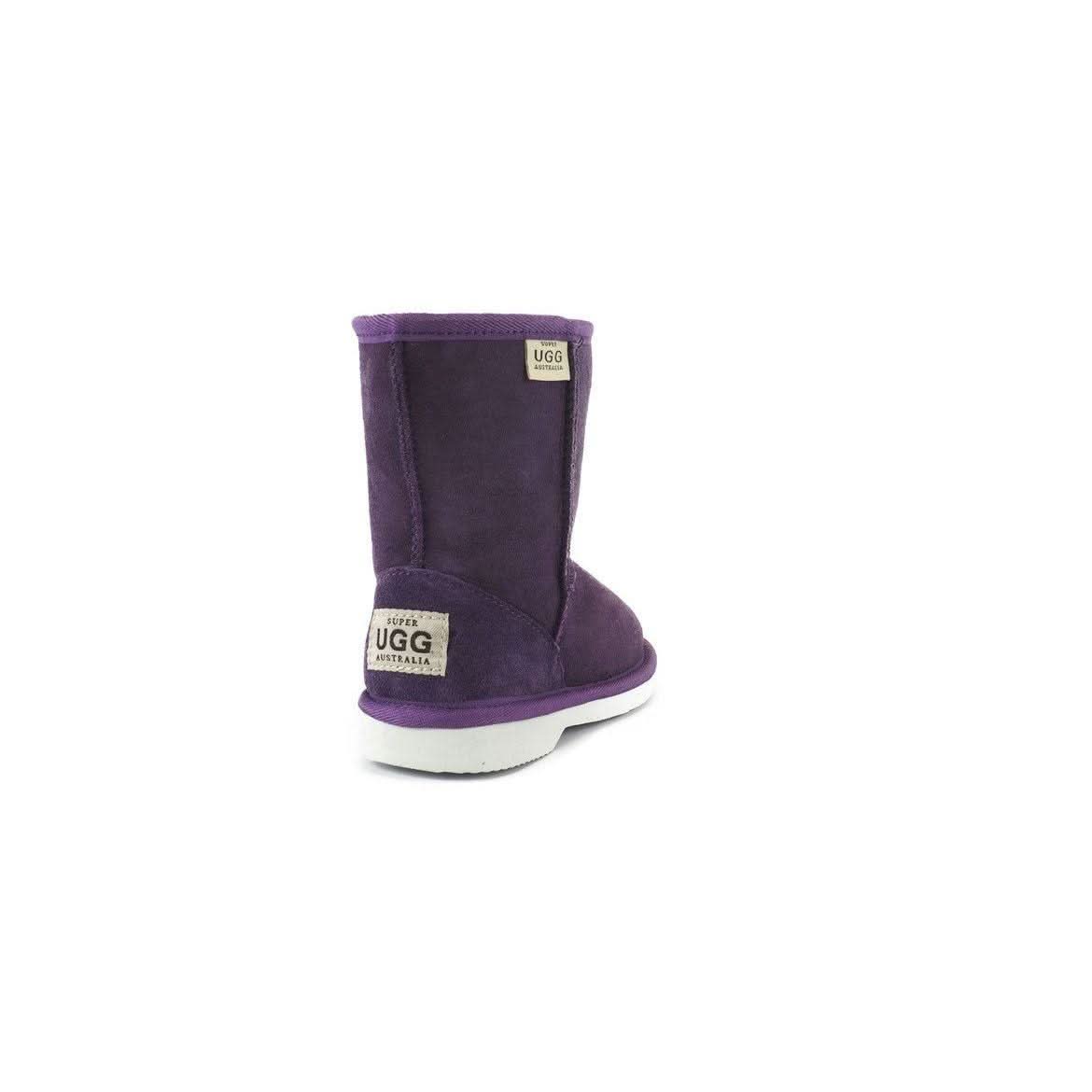 Purple sheepskin mid-calf boot with white sole, rear three-quarter view. - Yellow Earth Australia
