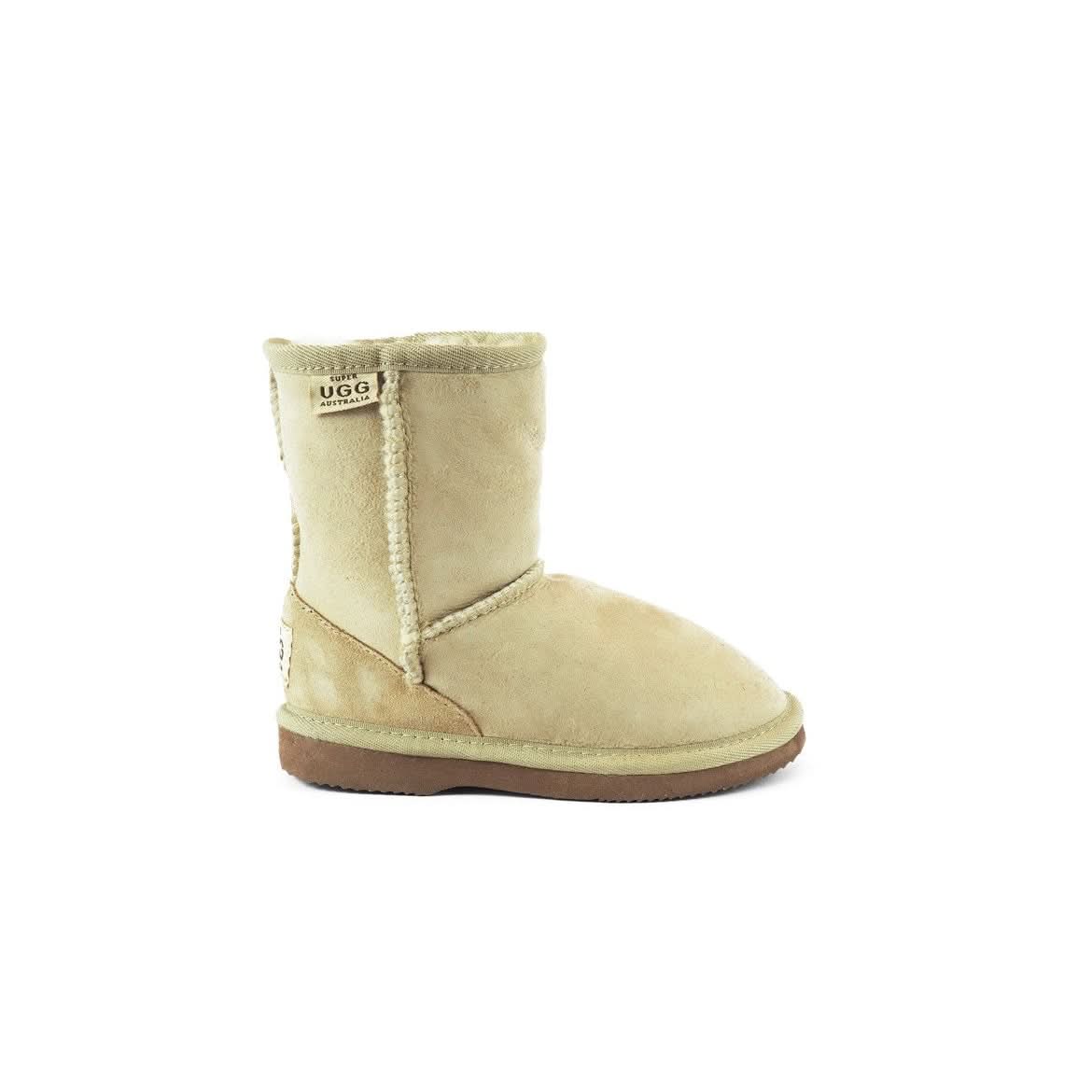Cream sheepskin short boot with tan suede sole, shown from the side angle. - Yellow Earth Australia