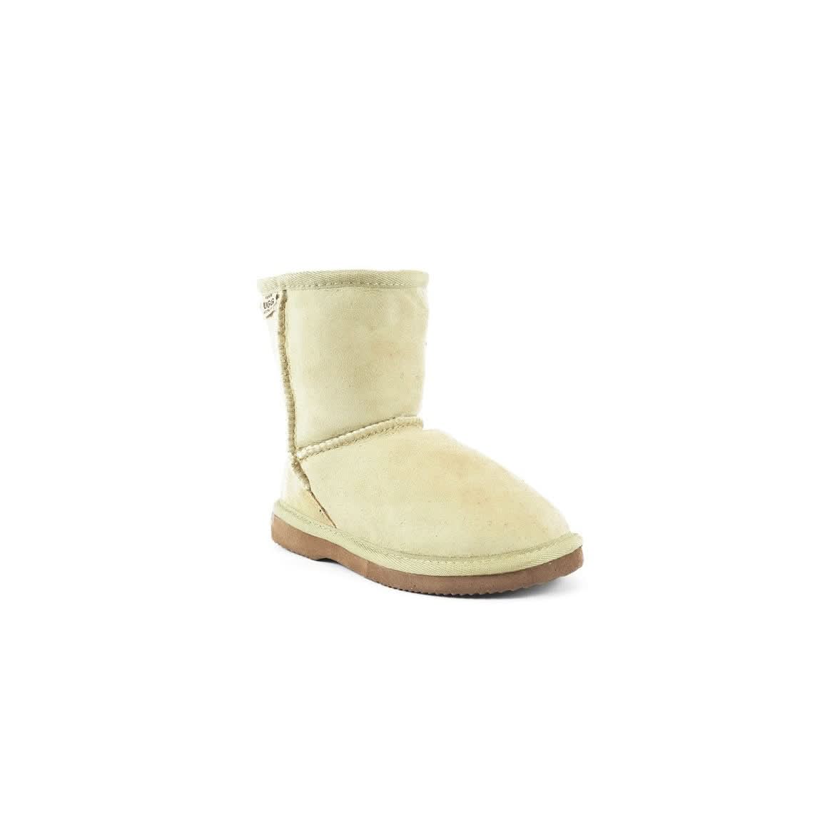 Cream sheepskin boot with tan suede sole, displayed against white background. - Yellow Earth Australia