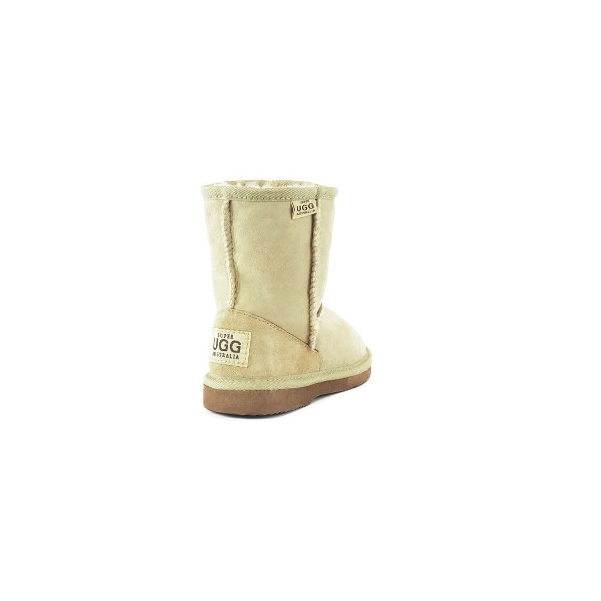 Cream sheepskin mid-calf boot with suede heel patch and tan sole, rear three-quarter view. - Yellow Earth Australia