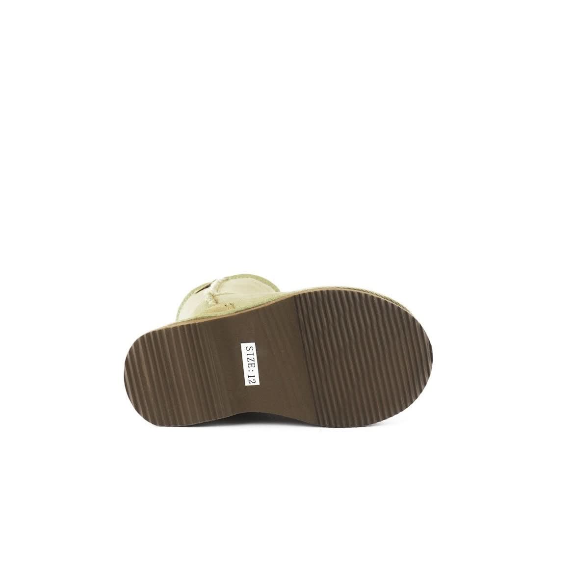 Sheepskin boot sole view showing brown corrugated rubber outsole with size 12 label. - Yellow Earth Australia