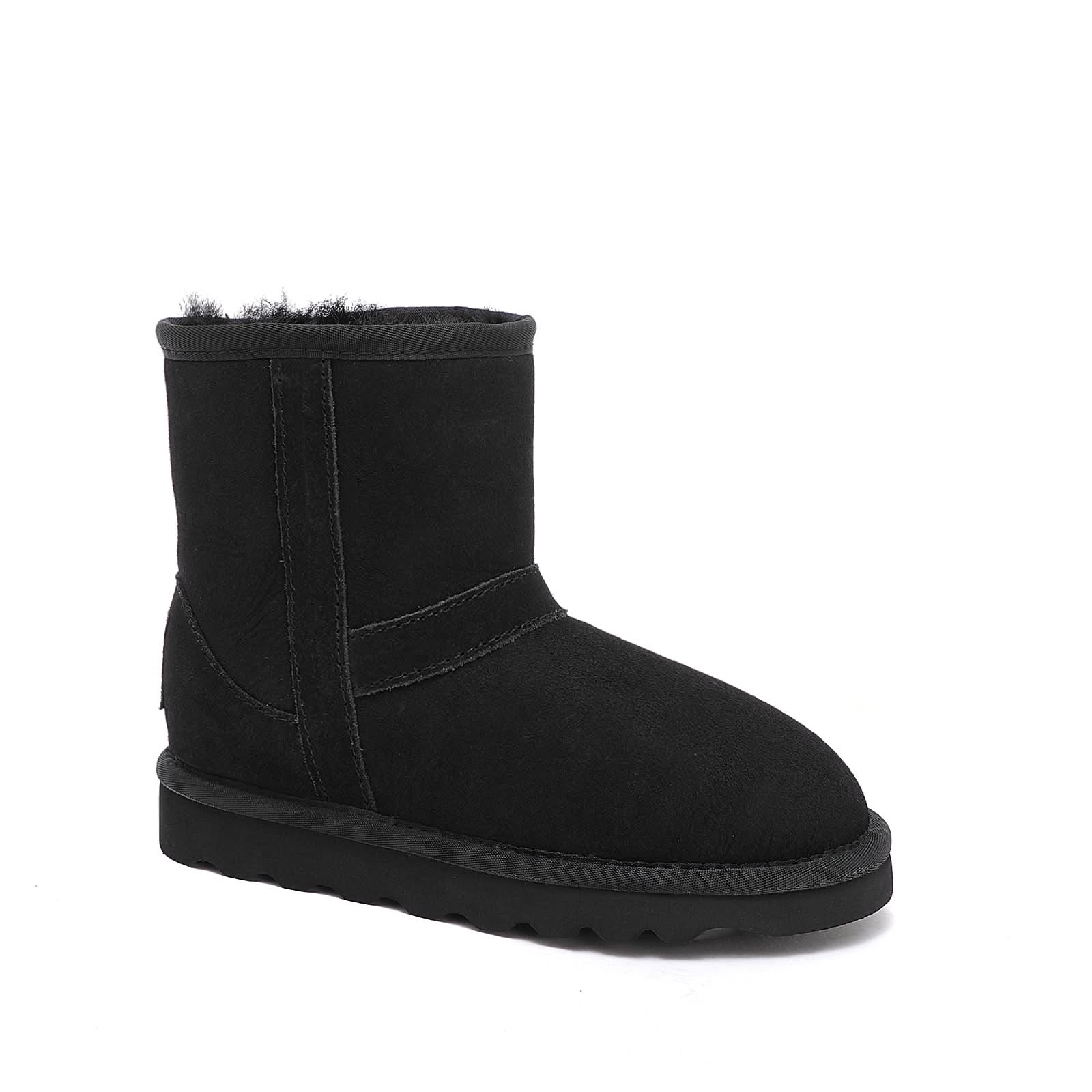 Black sheepskin short boot with fur-lined cuff, shown from side angle. - Yellow Earth Australia