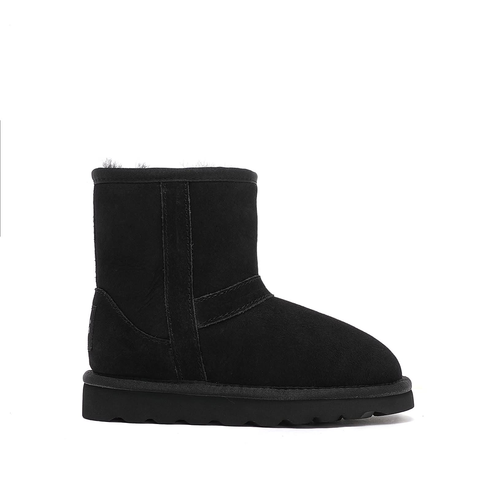 Black sheepskin short boot with suede upper and fleece lining, side view. - Yellow Earth Australia