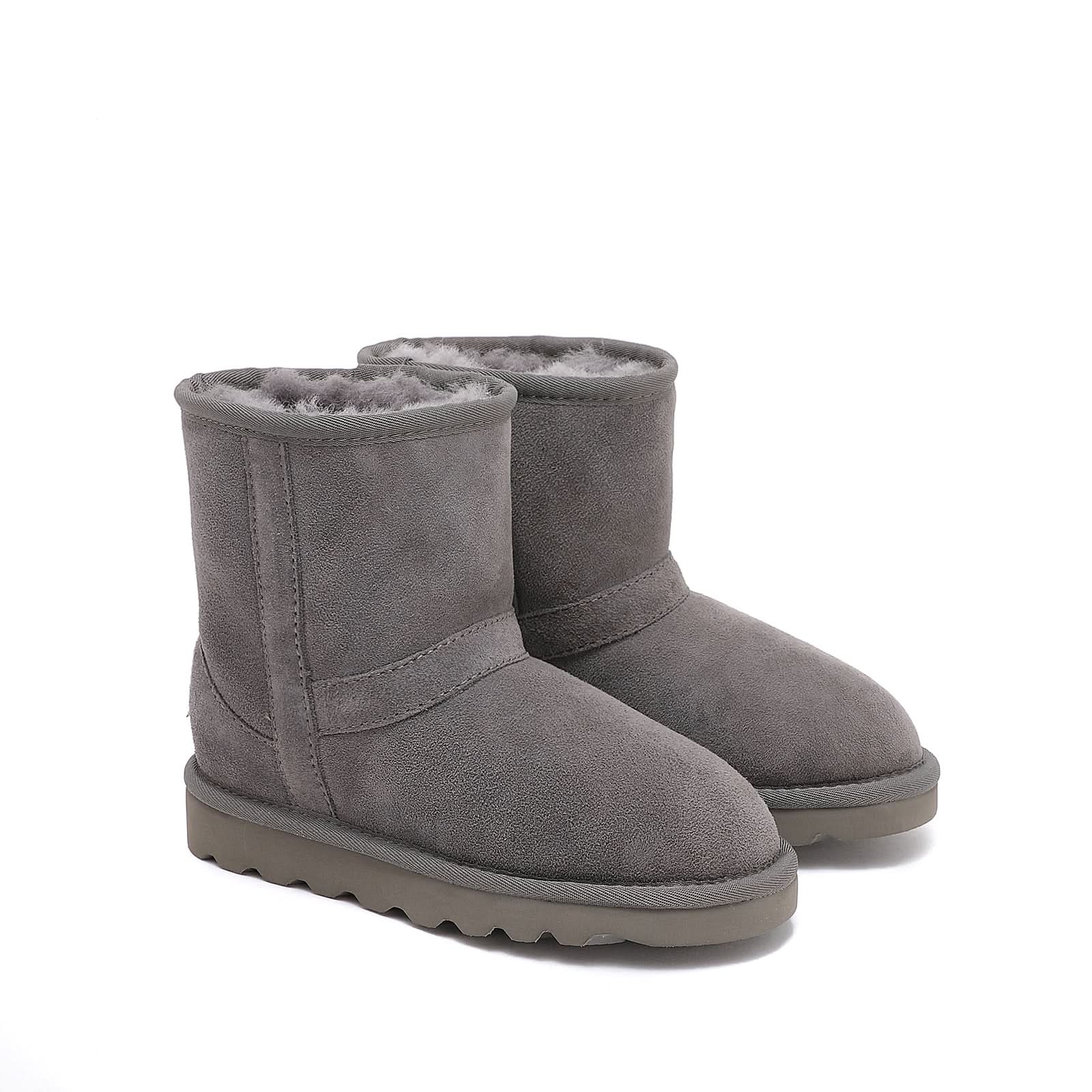 Grey suede sheepskin boots with fluffy wool lining, front angled view. - Yellow Earth Australia