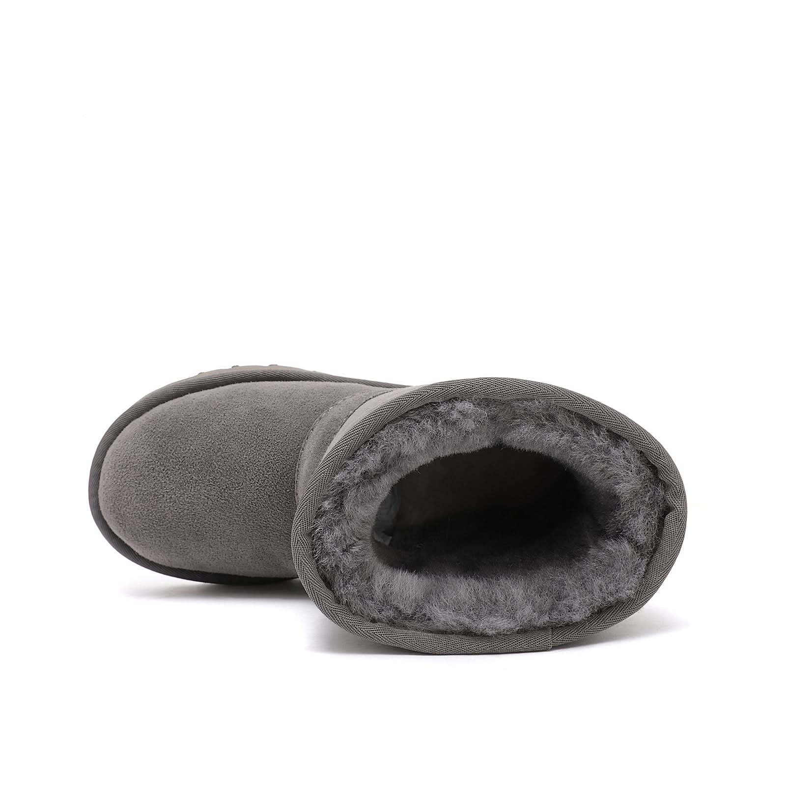 Grey sheepskin boots with soft wool lining, top-down view. - Yellow Earth Australia