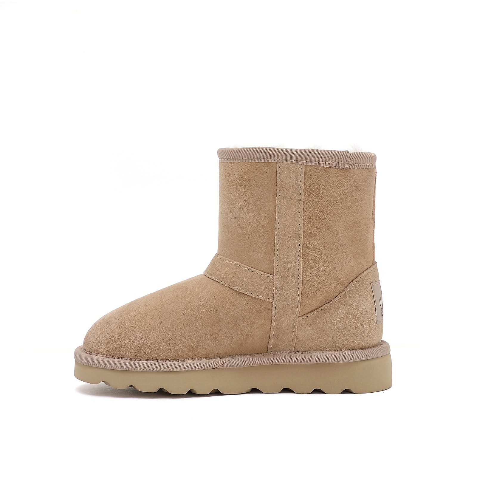 Beige sheepskin short boot with suede exterior, side view. - Yellow Earth Australia