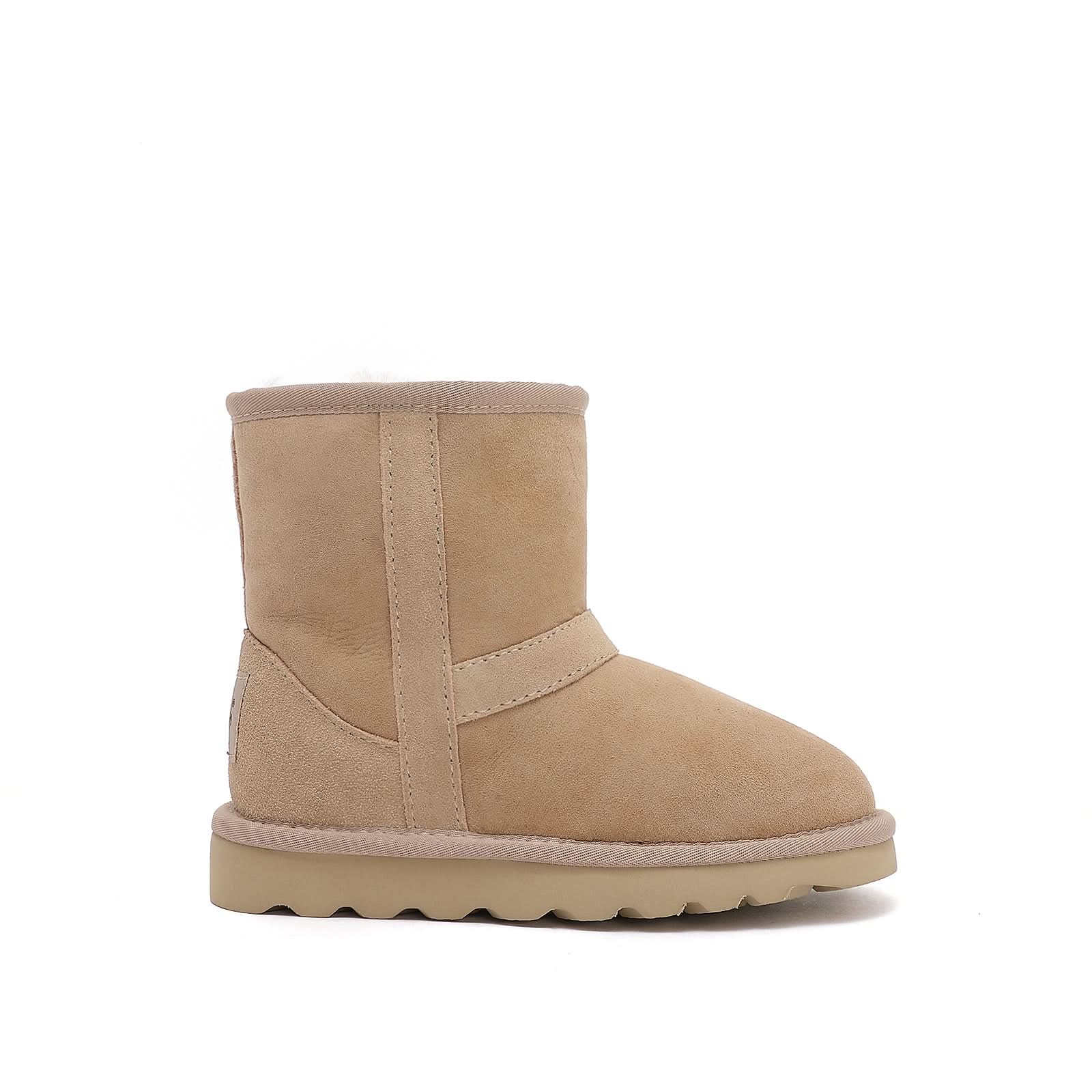Beige sheepskin short boot with suede exterior, side view. - Yellow Earth Australia