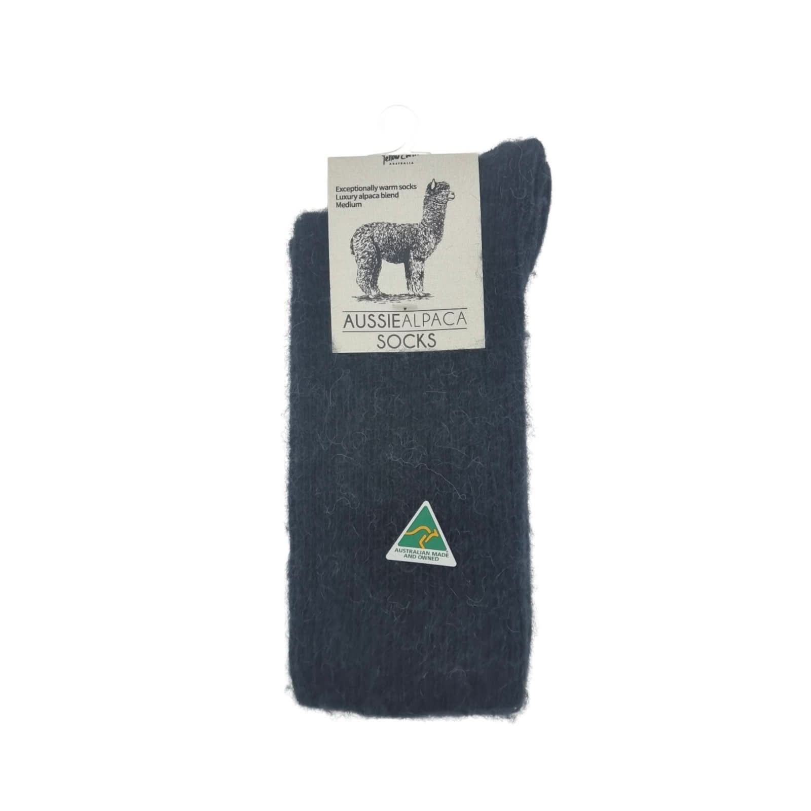 Dark charcoal alpaca blend socks displayed flat showing texture and Australian made badge. - Yellow Earth Australia