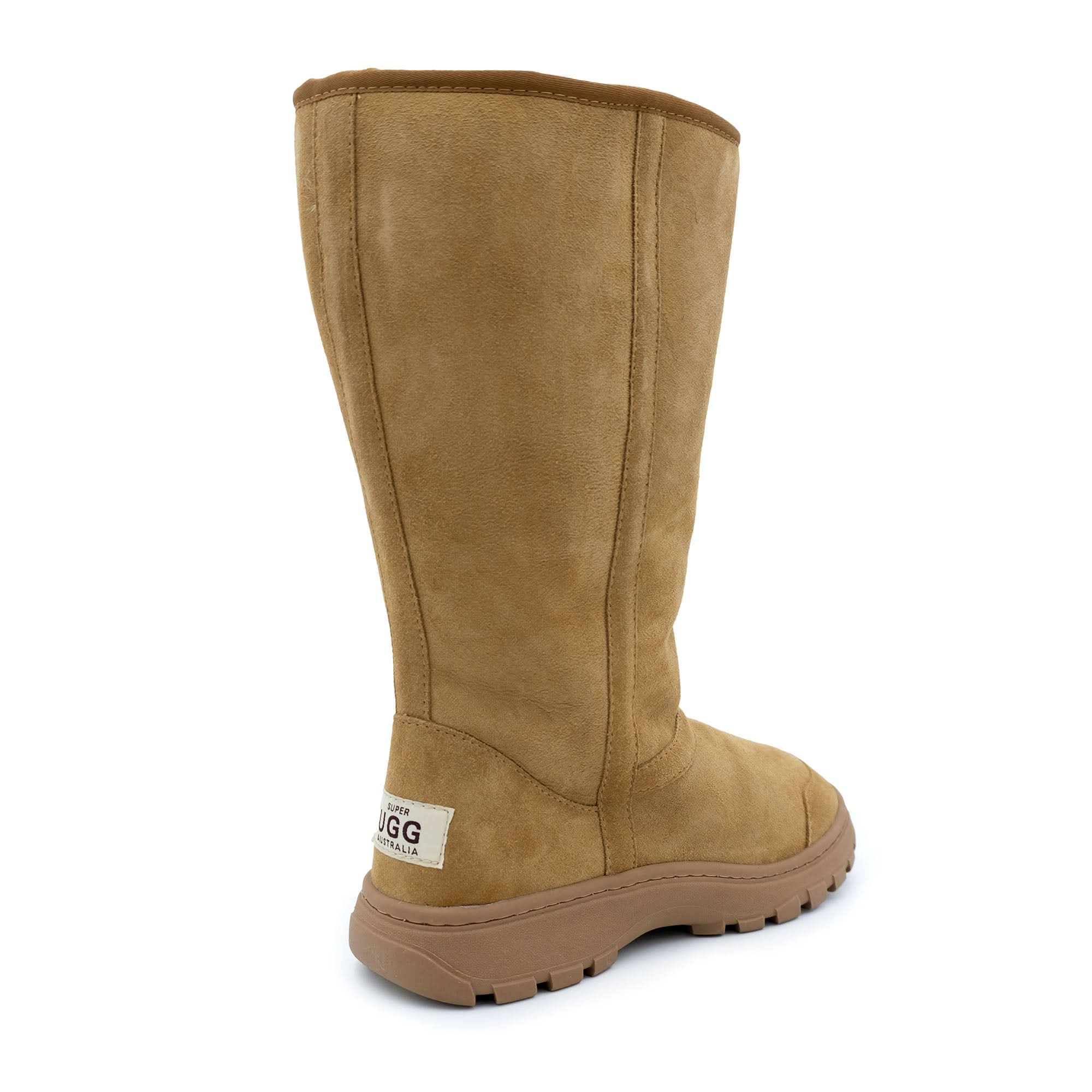 Tall camel sheepskin boot with lug sole, rear three-quarter view. - Yellow Earth Australia