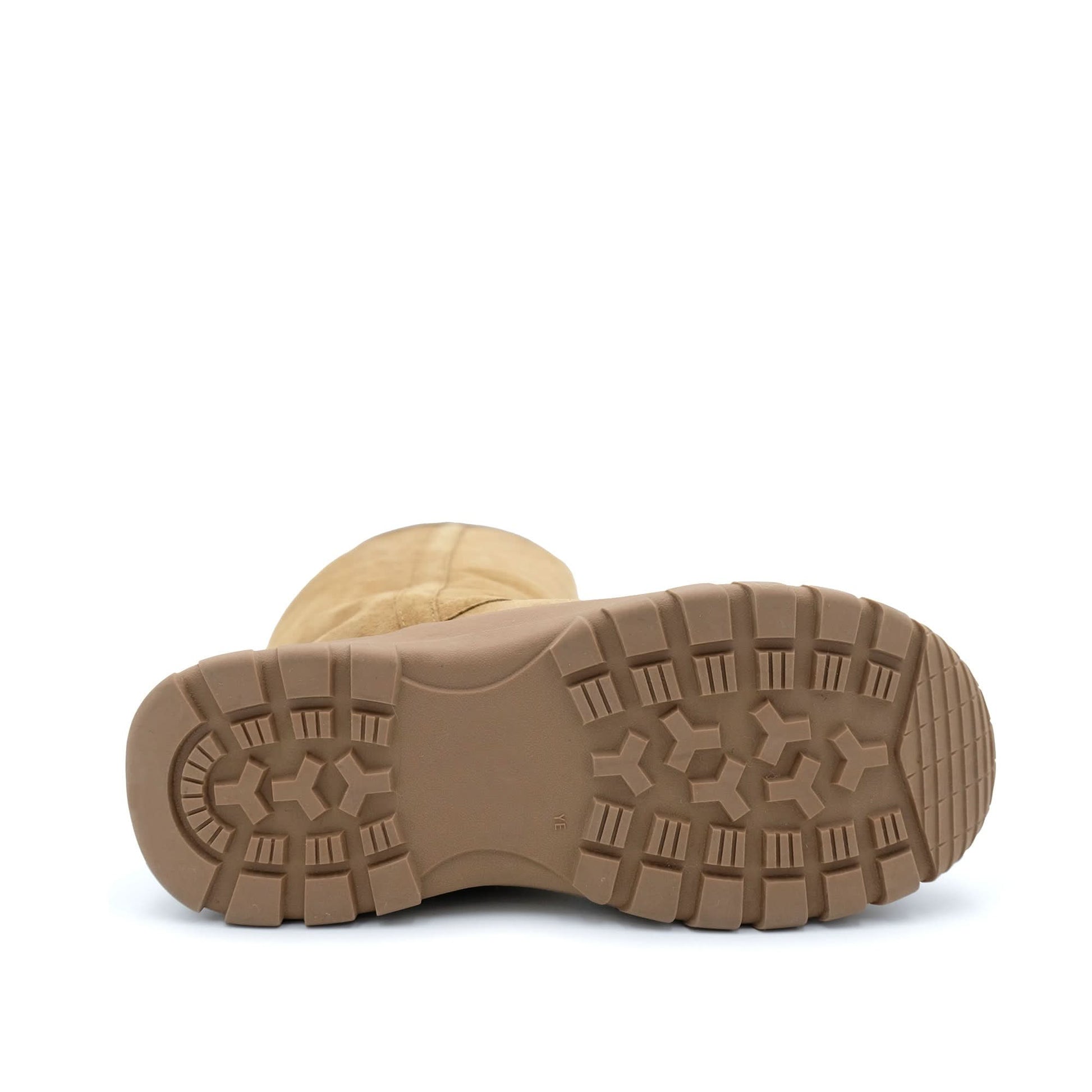 Beige sheepskin boots sole view showing textured rubber tread pattern. - Yellow Earth Australia