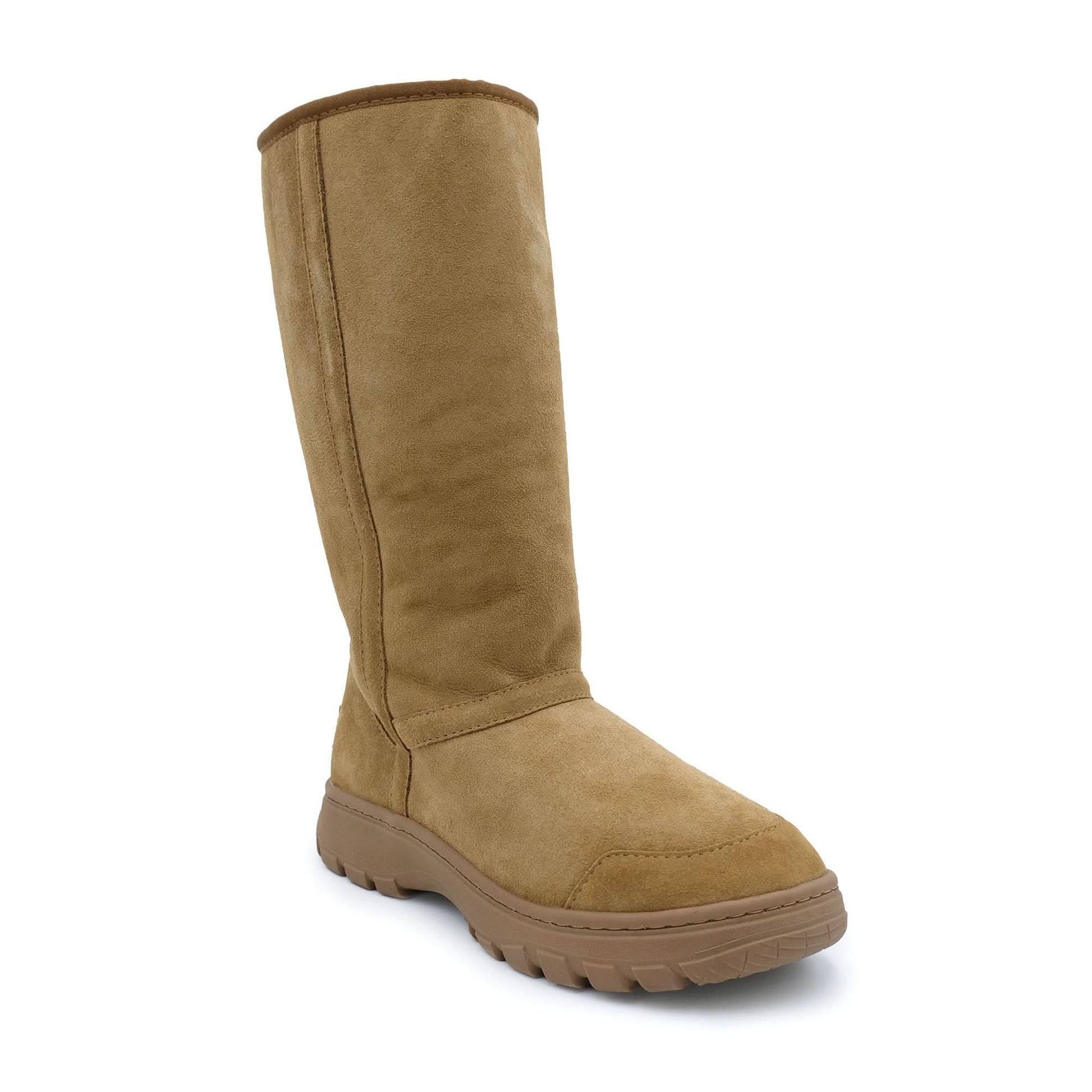 Tall tan suede sheepskin boot with chunky sole, side view. - Yellow Earth Australia