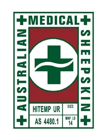 Medical sheepskin with green cross symbol and red center panel on white background. - Yellow Earth Australia