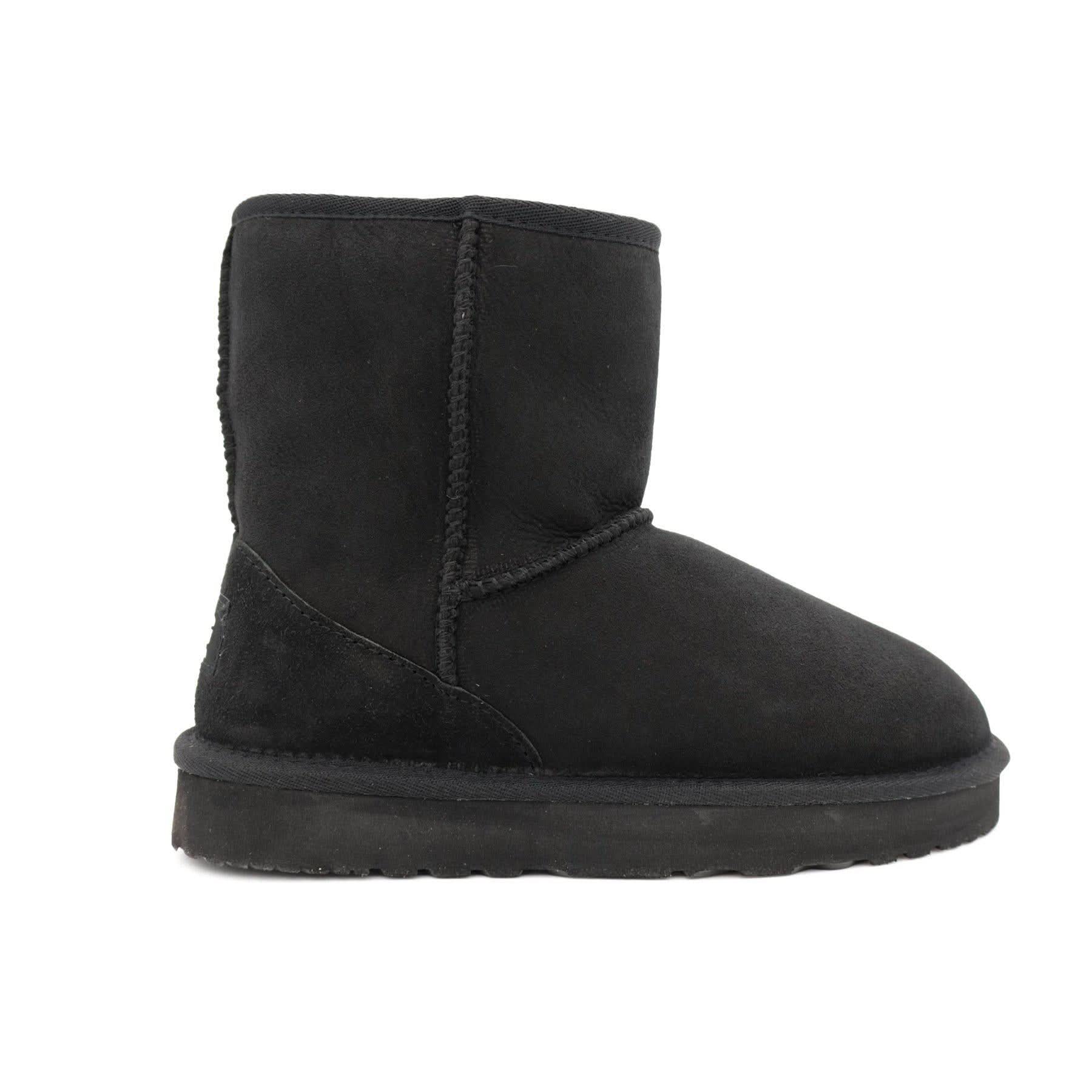 Black sheepskin short boot with suede exterior, side view. - Yellow Earth Australia