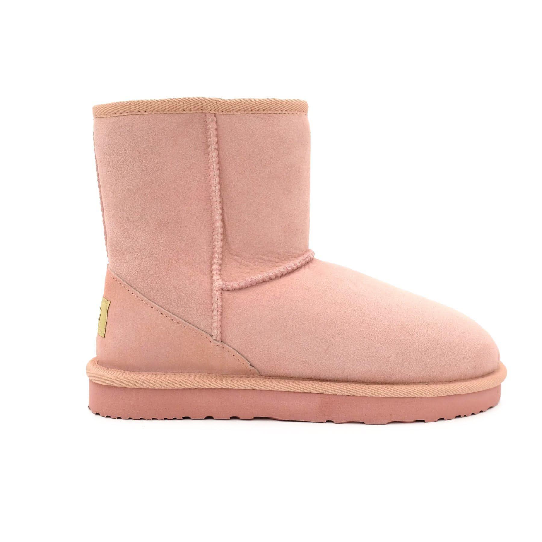 Pink sheepskin short boot with suede upper and wool lining, side view. - Yellow Earth Australia