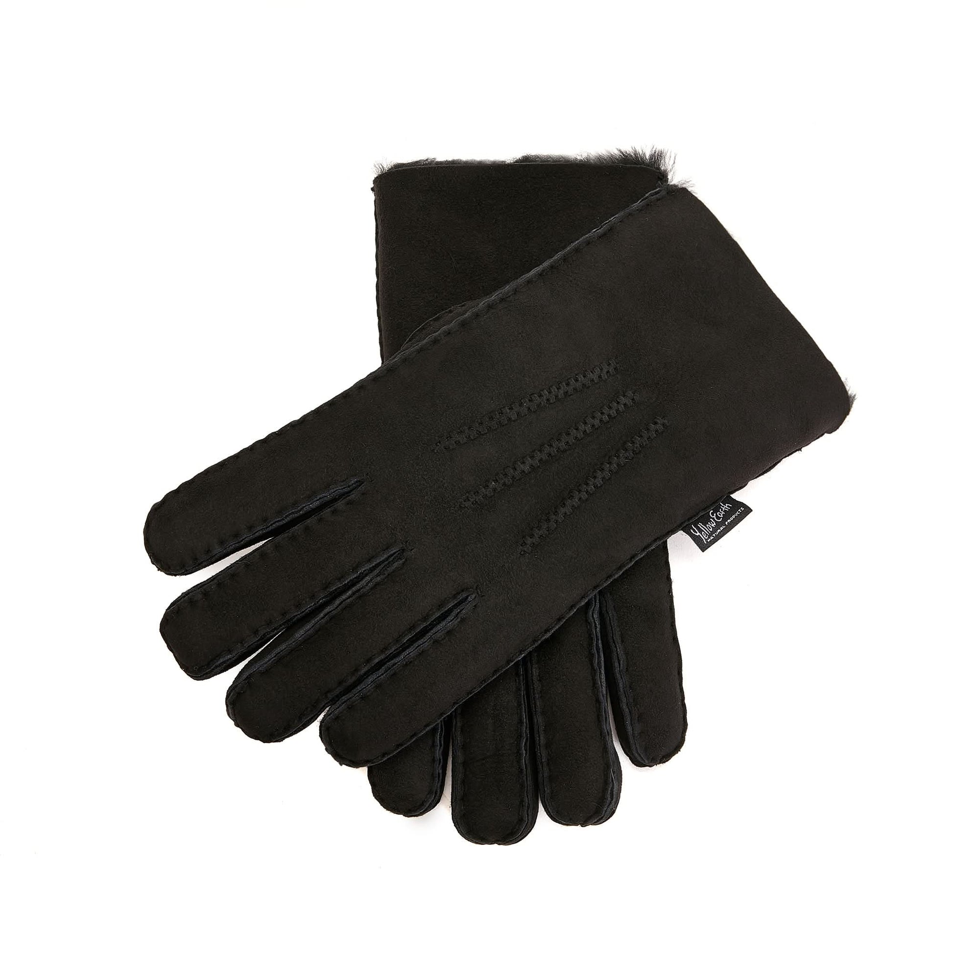 Black sheepskin gloves with fur lining, flat lay view showing palm and back details. - Yellow Earth Australia